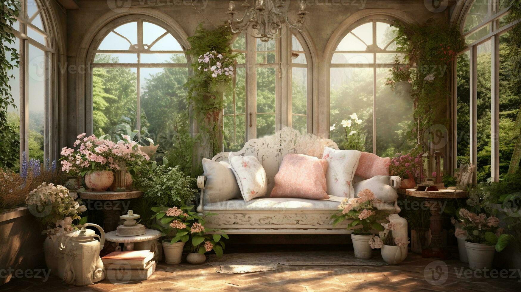a imagem destacando a beleza do uma estilo chalé jardim sala, com ampla janelas, em vaso plantas, e gasto chique mobiliário. ai gerado foto
