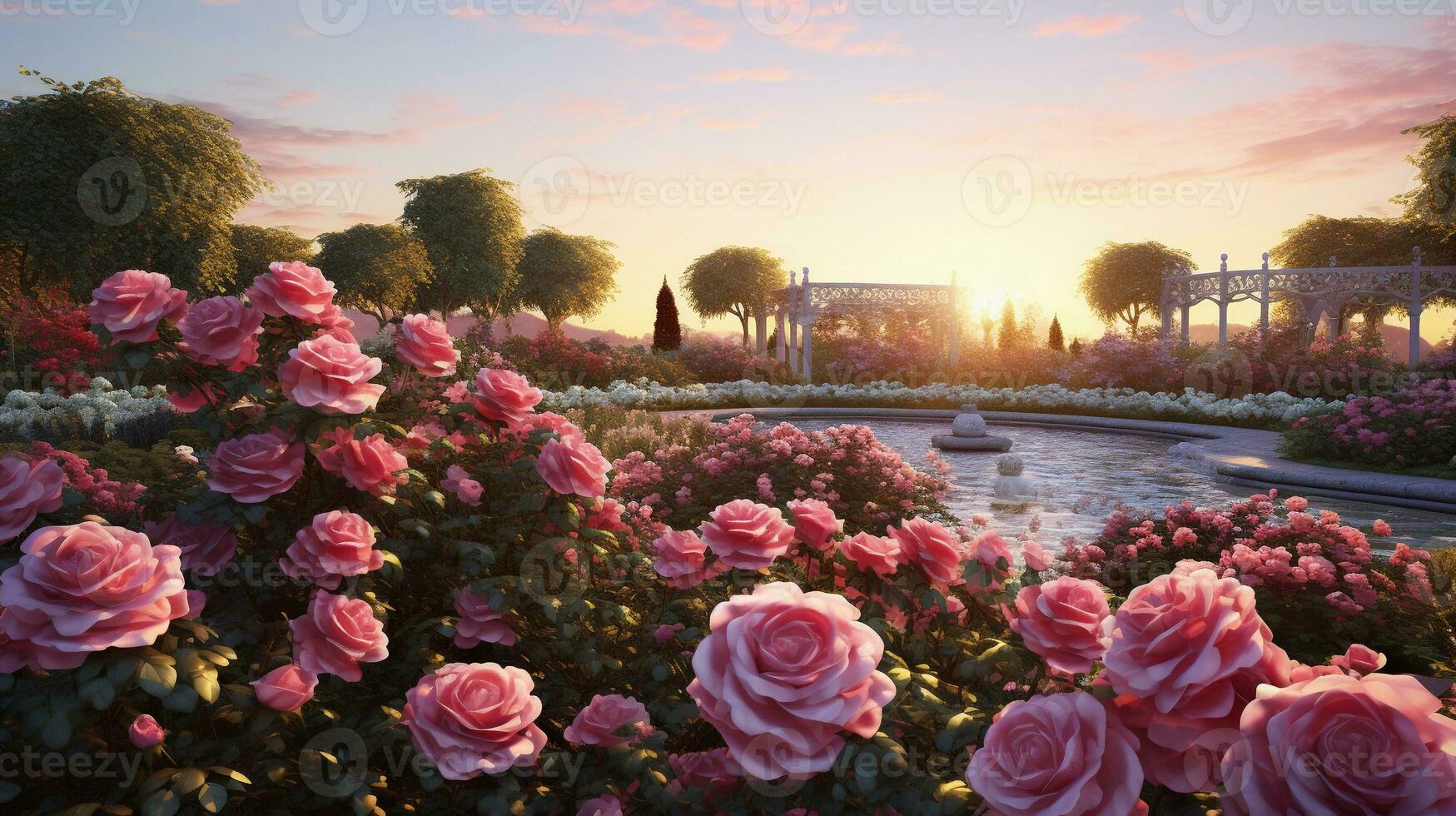 uma sereno cena capturando a elegância do uma rosa jardim banhado dentro a caloroso luz do uma pôr do sol com espaço para texto, com designado áreas para texto. fundo imagem, ai gerado foto