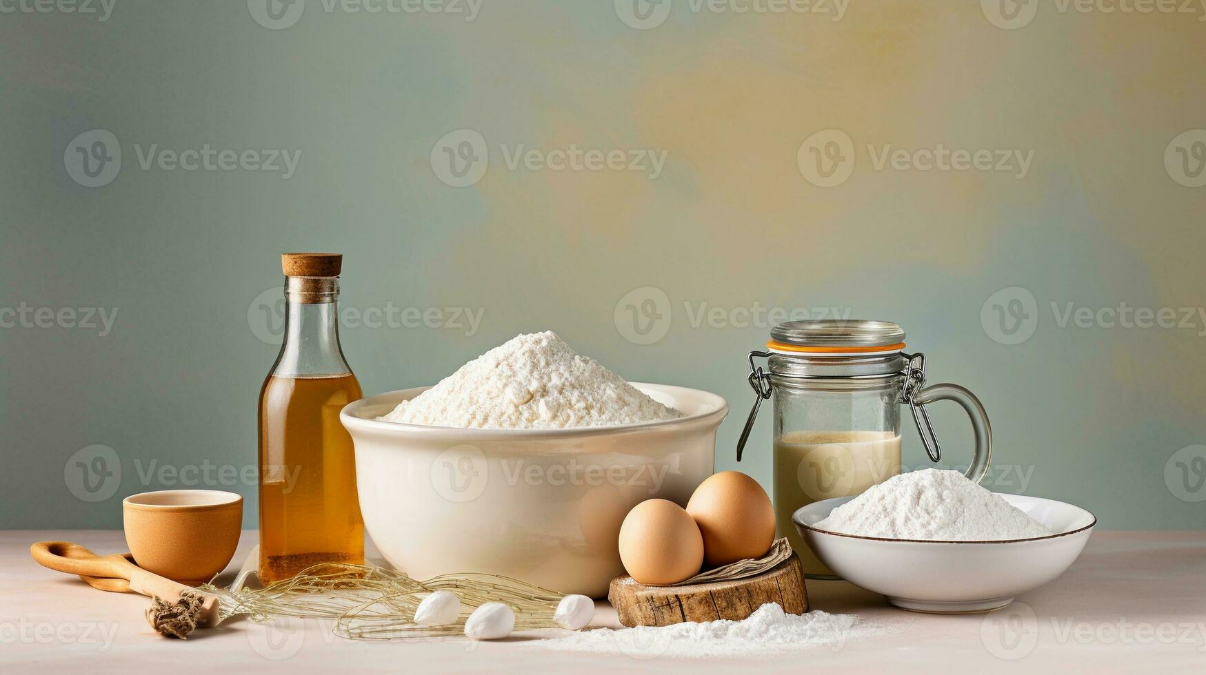 a imagem apresentando essencial bolo fazer ingredientes tal Como farinha, ovos, açúcar, e baunilha extrair, conjunto contra uma calmante pastel fundo. sair espaço para texto, fundo imagem, ai gerado foto