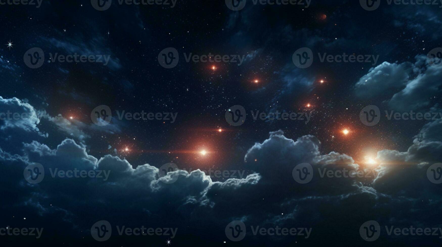uma visualmente cativante composição exibindo múltiplo starburst efeitos contra uma noite céu, permitindo espaço para texto, fundo imagem, generativo ai foto