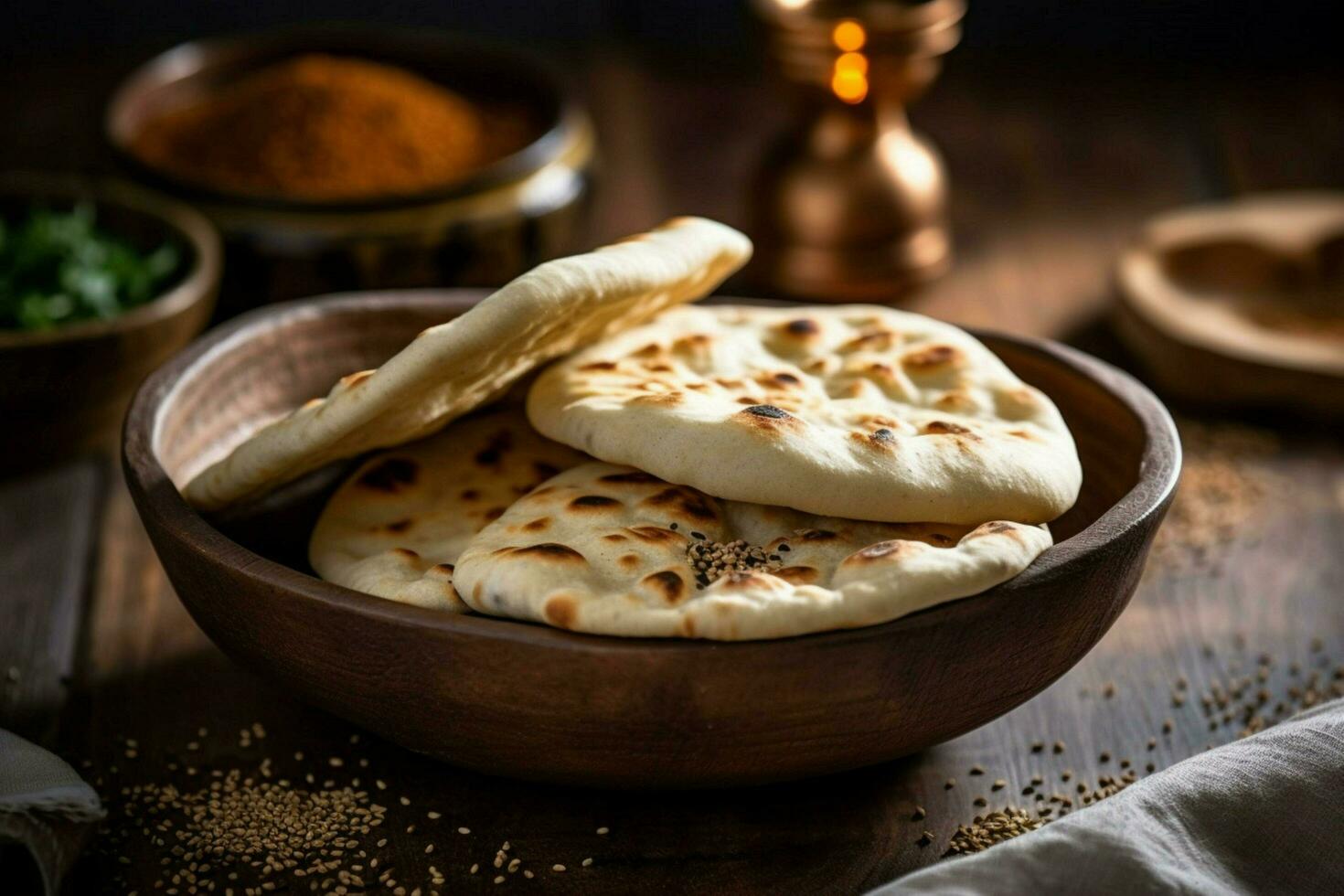 recentemente cozido naan pão dentro rústico madeira tigela foto