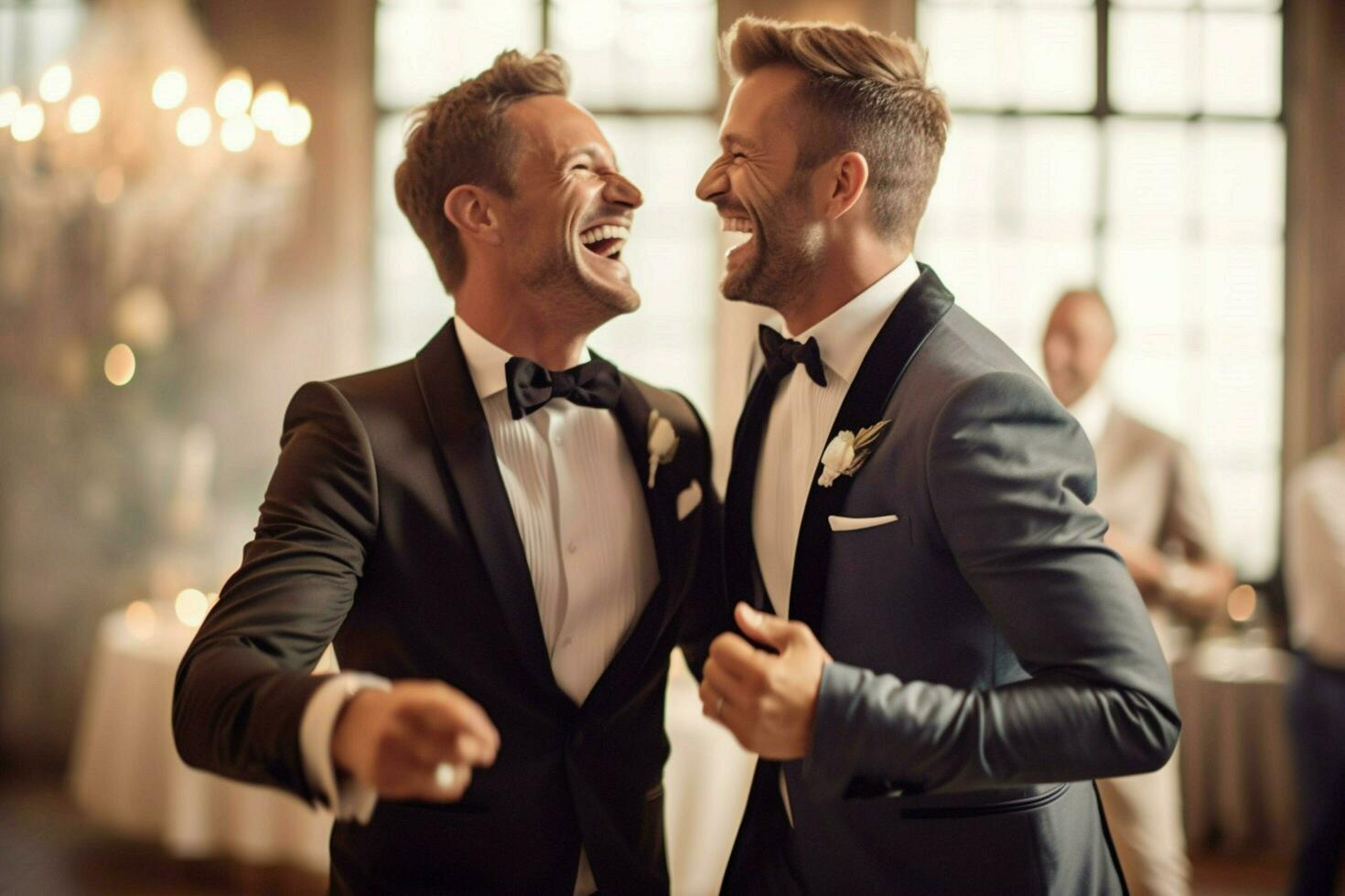 sorridente gay casal dançando em seus Casamento dia foto