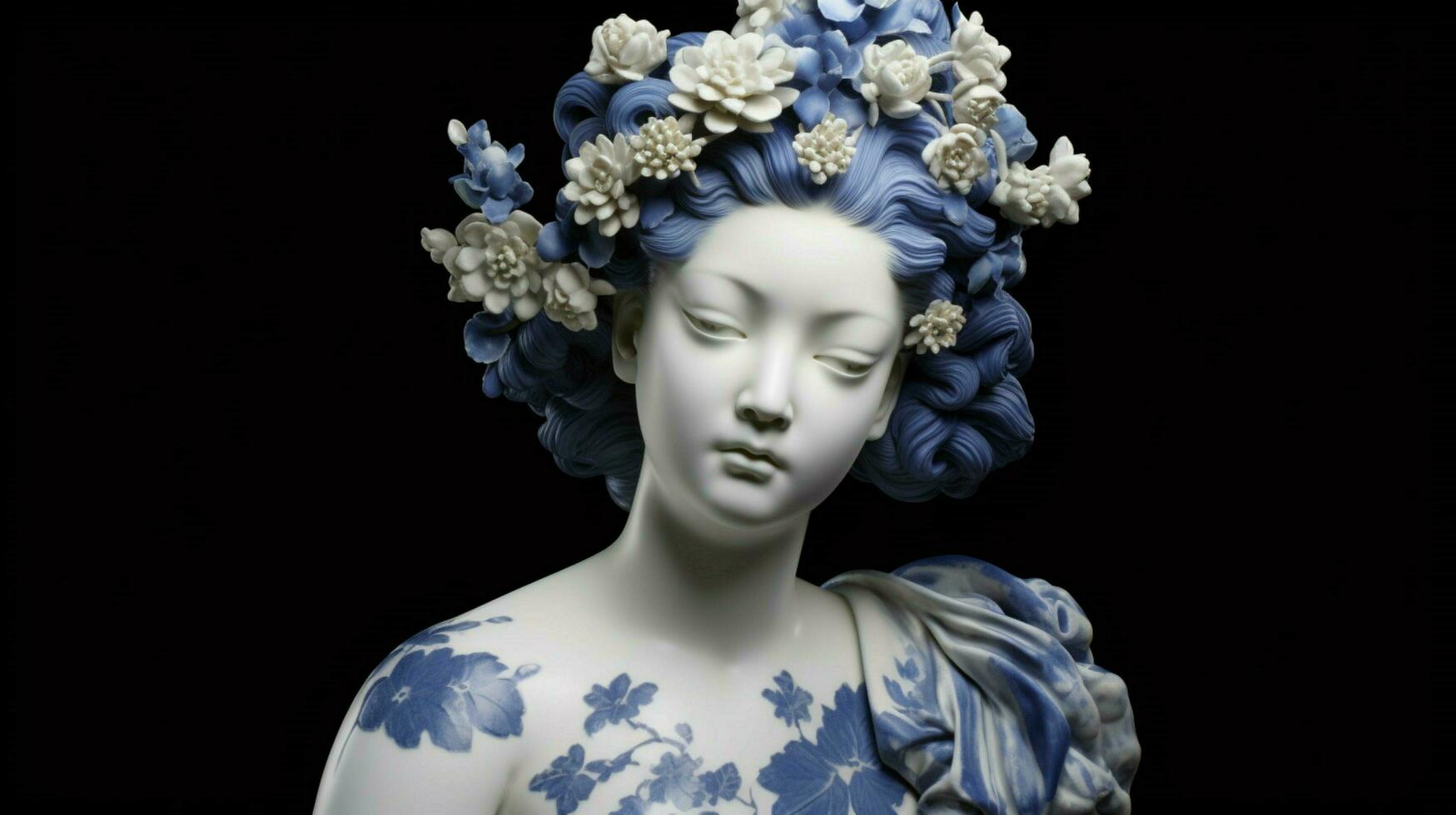uma azul e branco porcelana estátua do uma menina com foto