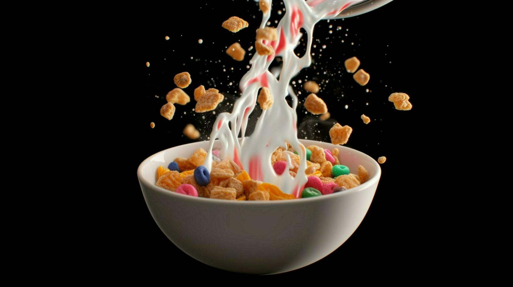 uma tigela do cereal com leite e uma respingo do leite foto