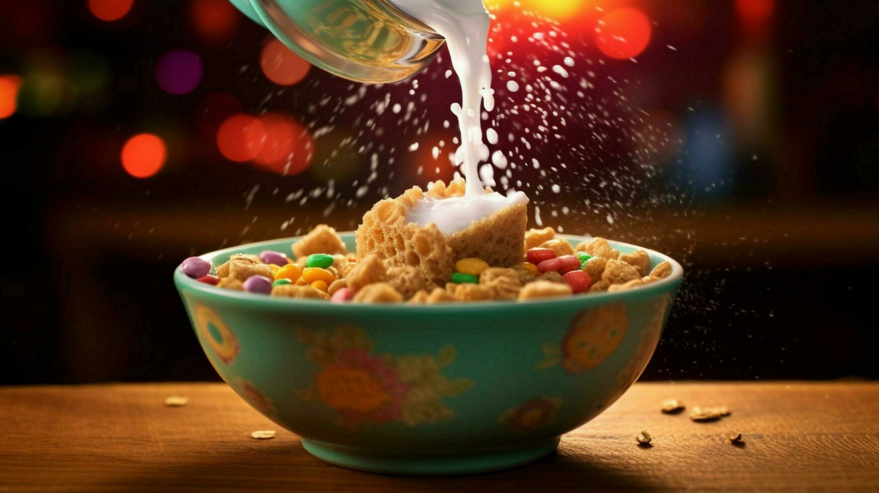 uma tigela do cereal com leite derramando para dentro isto foto