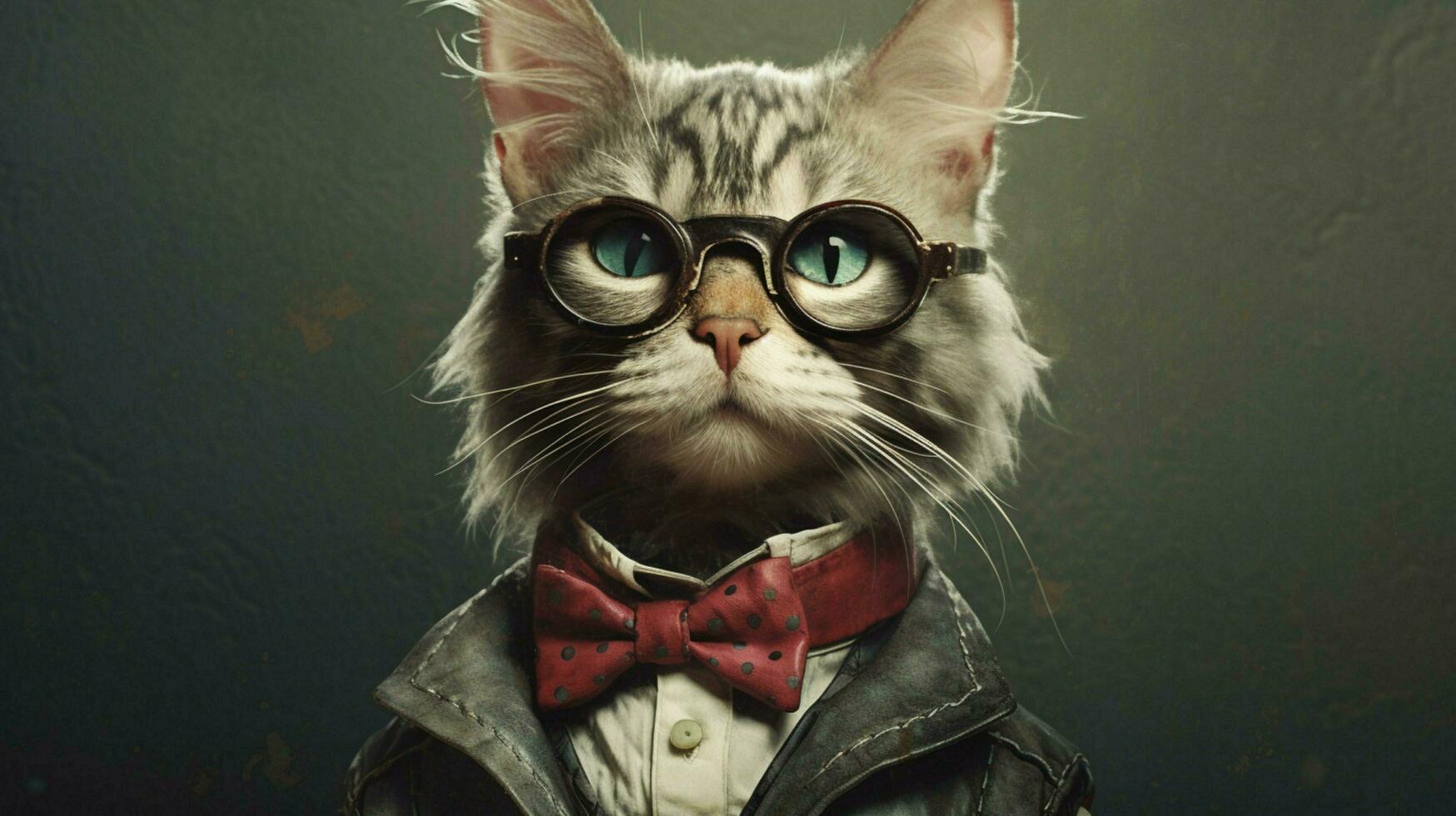 uma gato com uma colarinho e óculos este dizcaton isto foto