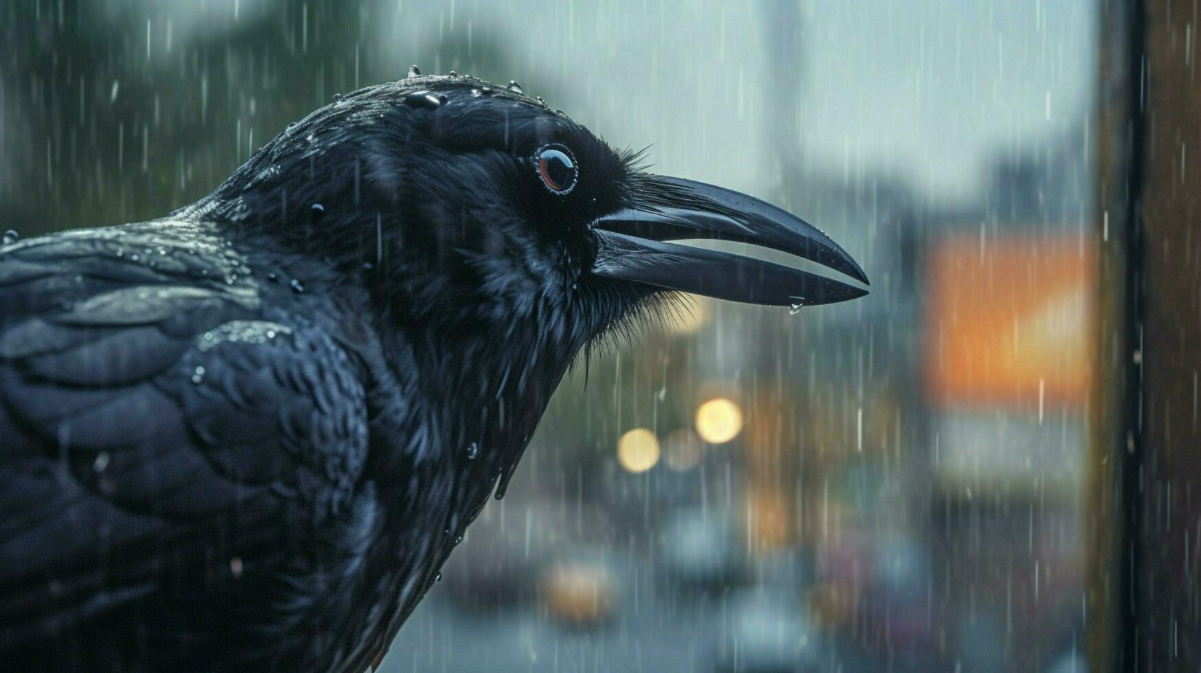 uma Corvo dentro uma cidade com uma gota de chuva em dele bico foto