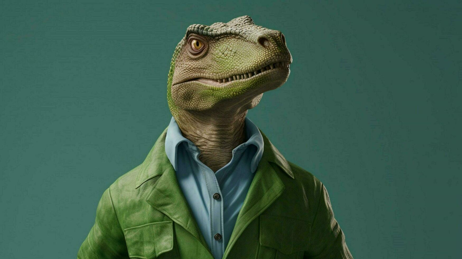 uma verde dinossauro com uma verde camisa e uma verde foto