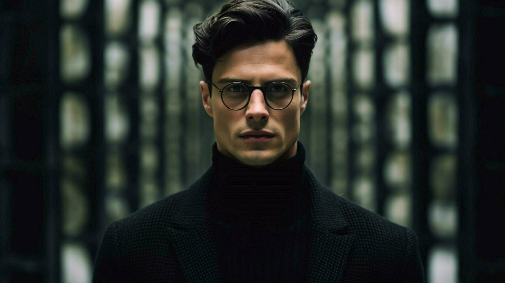 uma homem vestindo óculos com uma Preto suéter foto