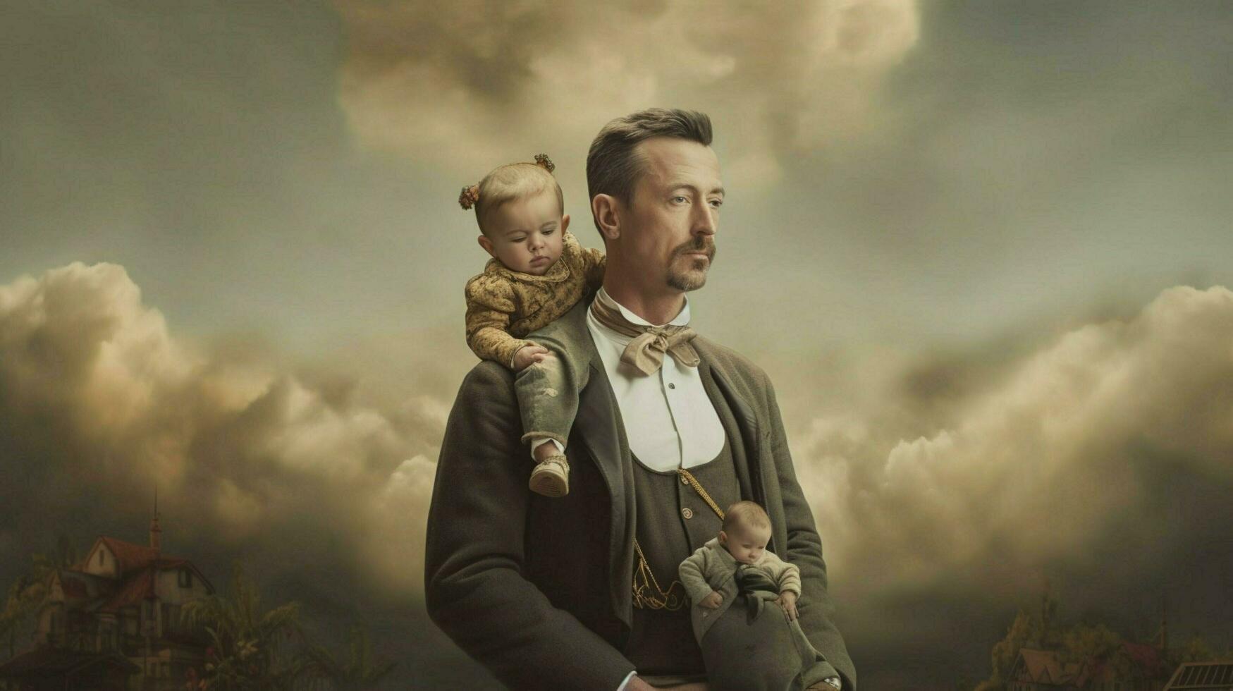 uma homem com uma bebê em dele costas foto