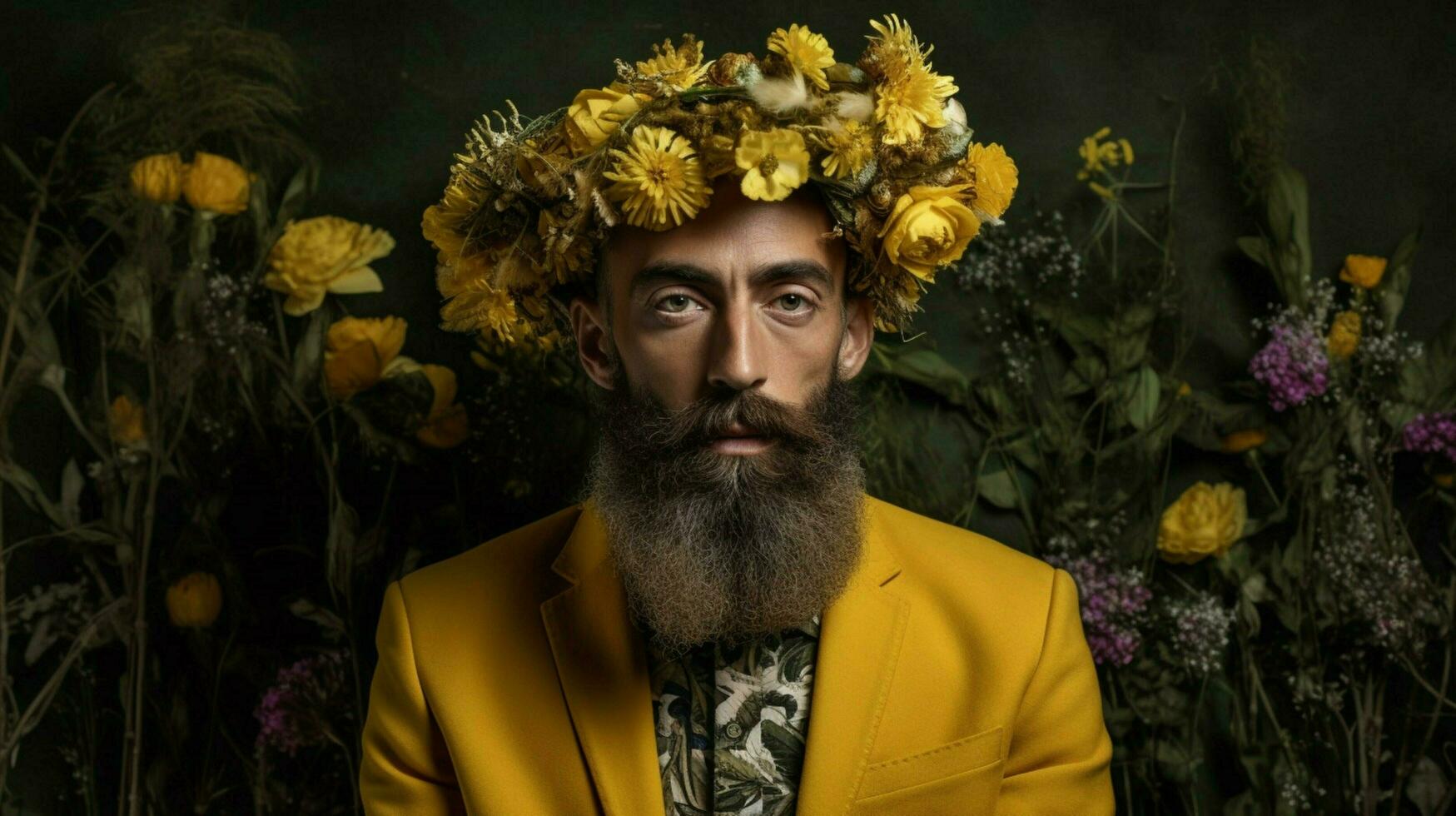 uma homem com uma flor coroa e uma amarelo vestir foto