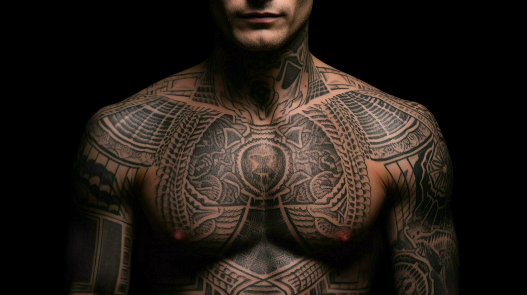 uma homem com uma tatuagem em dele peito foto