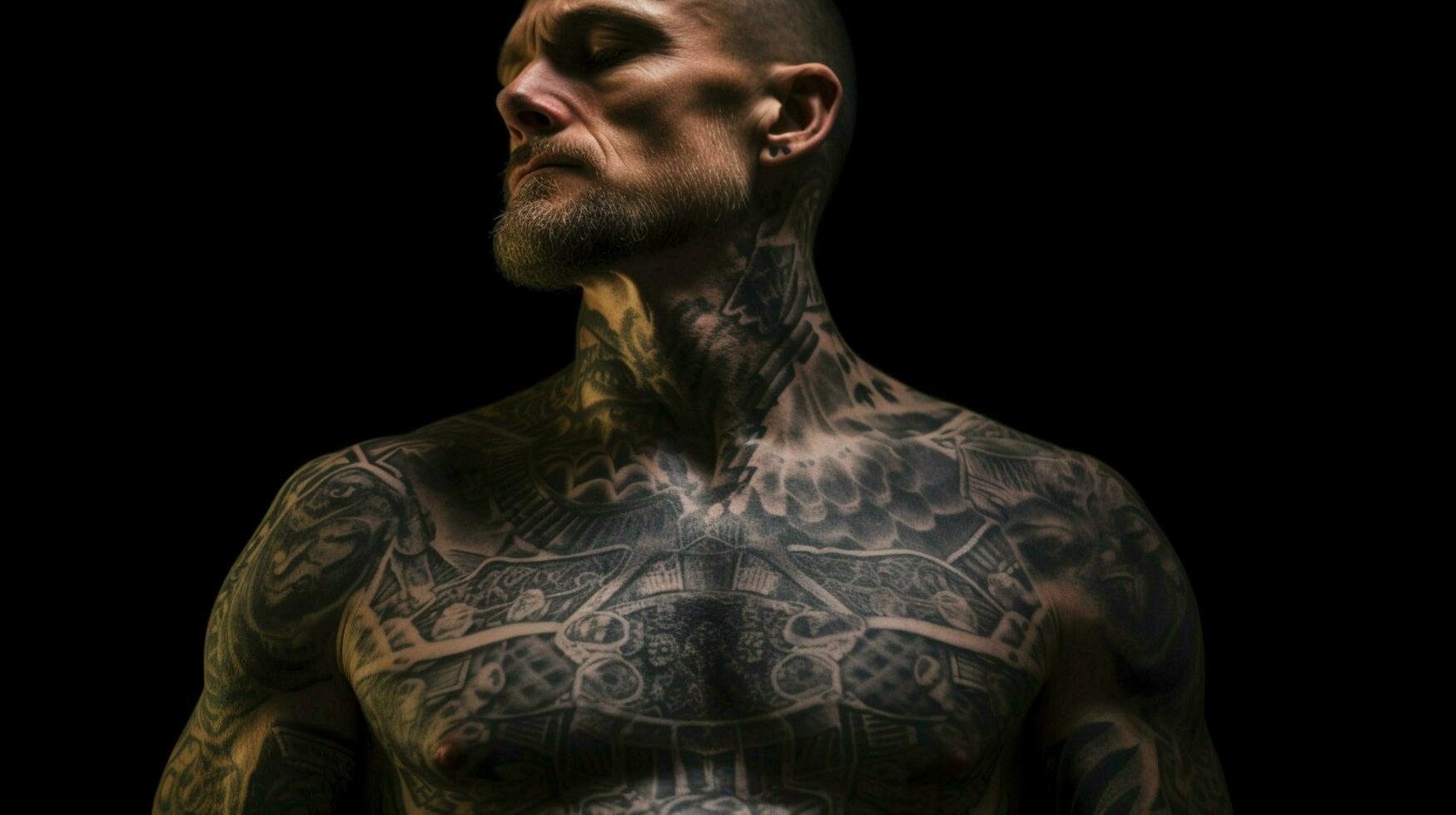 uma homem com uma tatuagem em dele peito foto