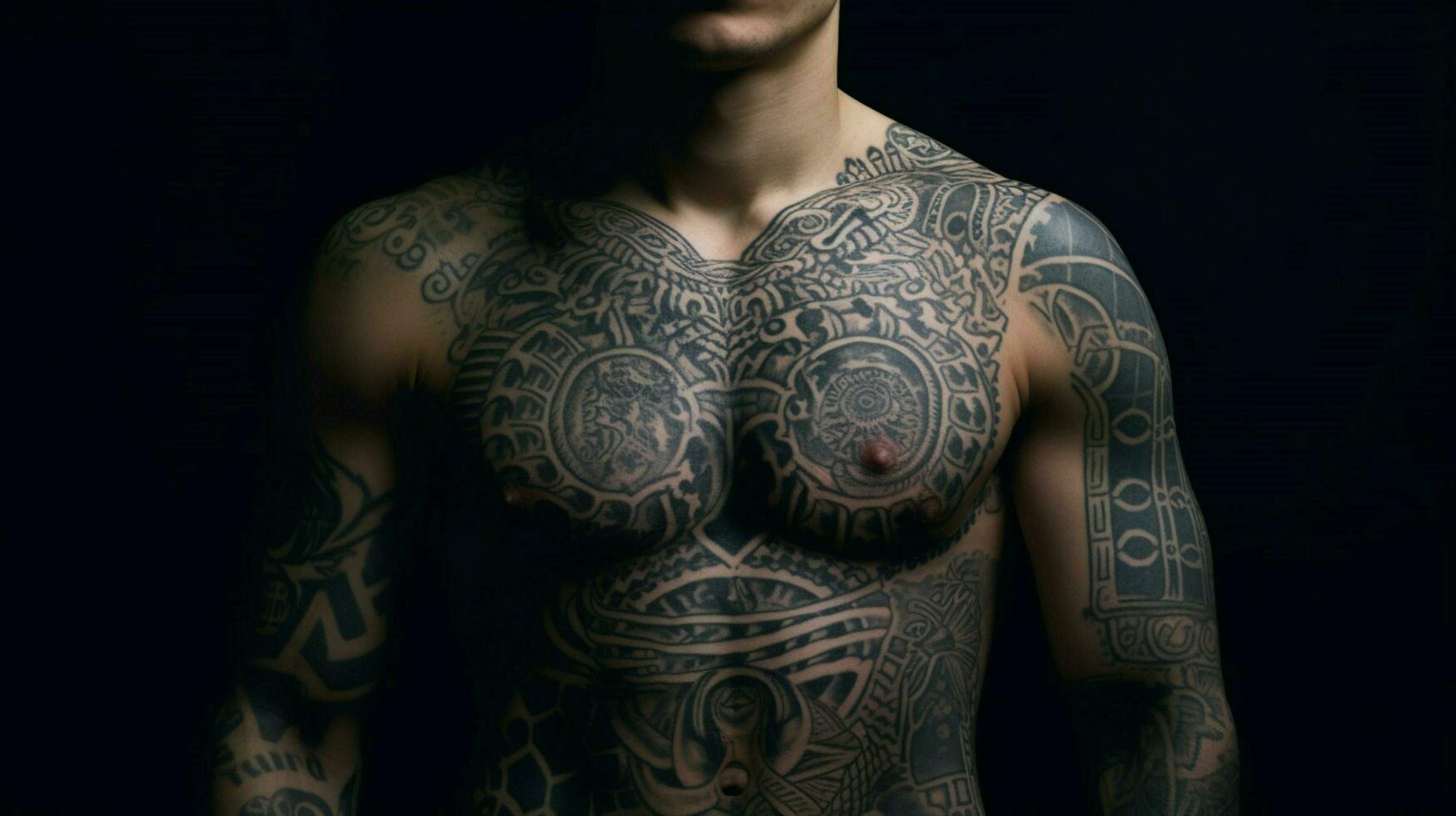 uma homem com uma tatuagem em dele peito foto