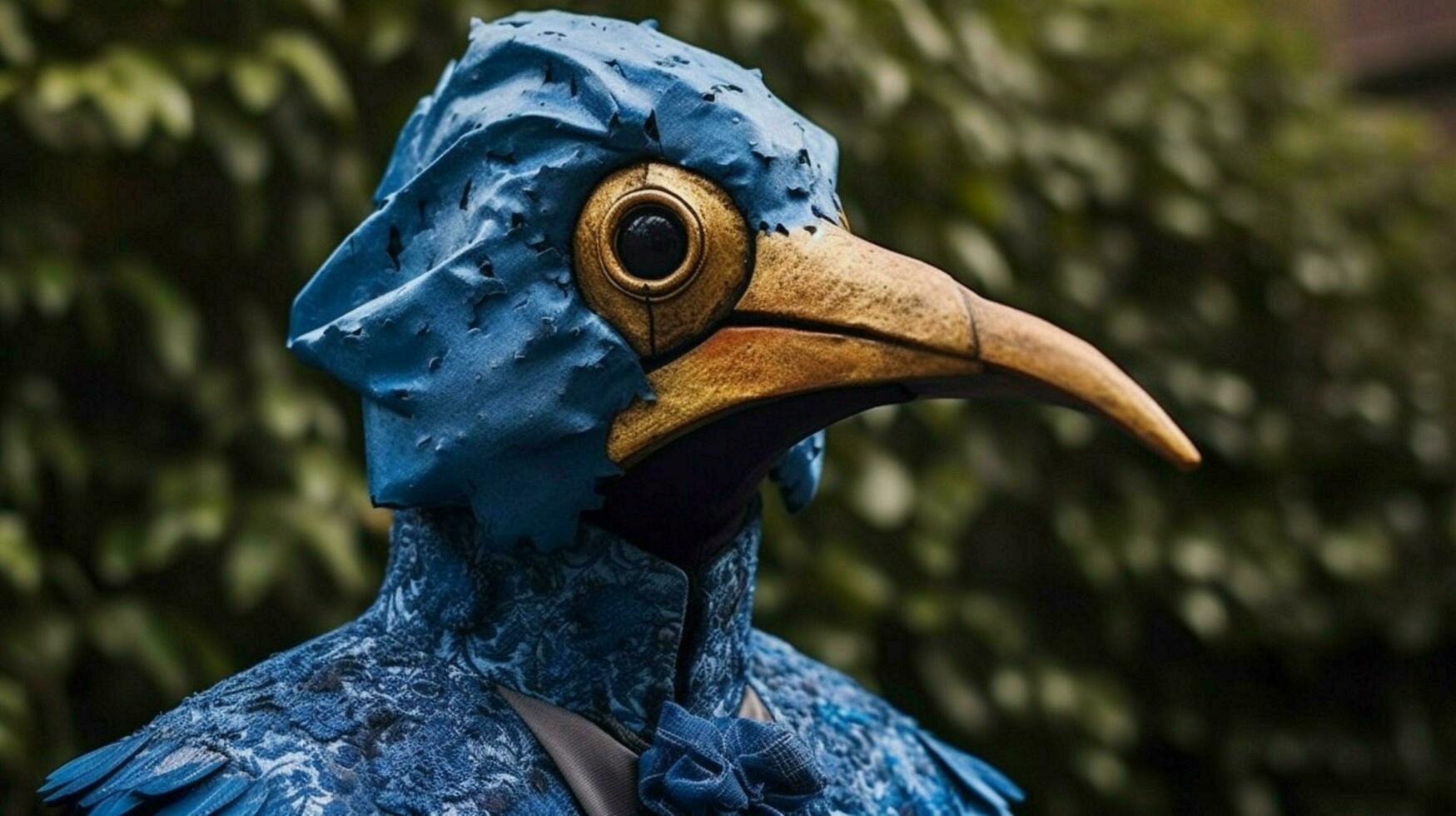 uma pessoa vestido Como uma pássaro com uma azul mascarar em foto