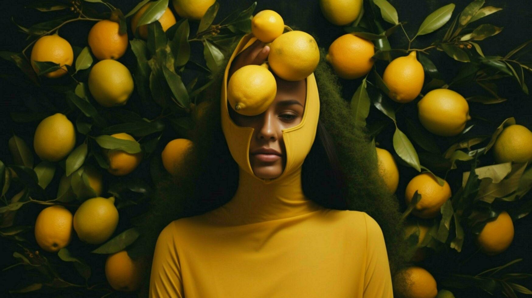 uma mulher dentro uma amarelo vestir com uma mascarar do fruta em foto