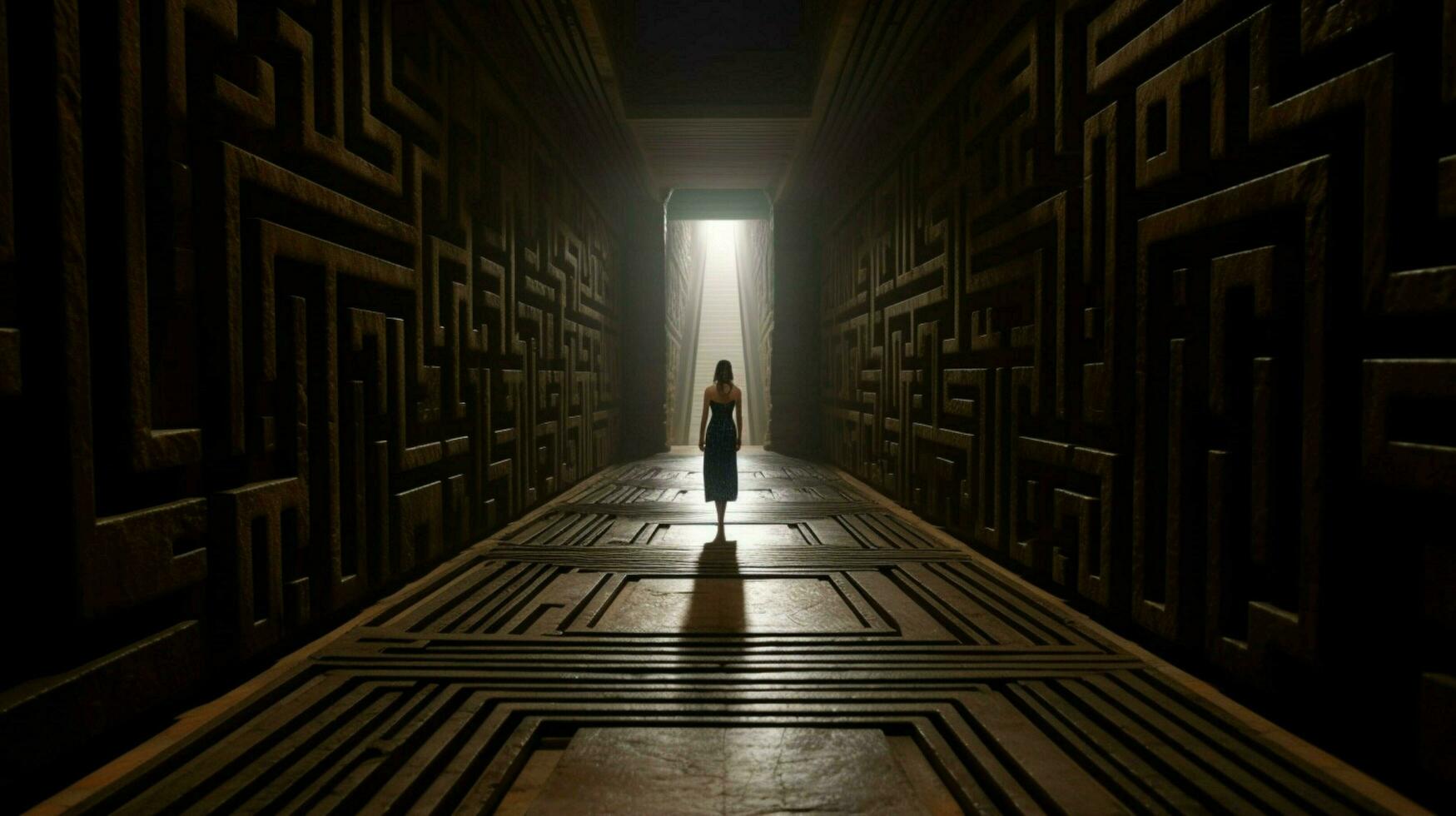uma mulher anda em baixa uma Sombrio corredor com uma ampla ma foto