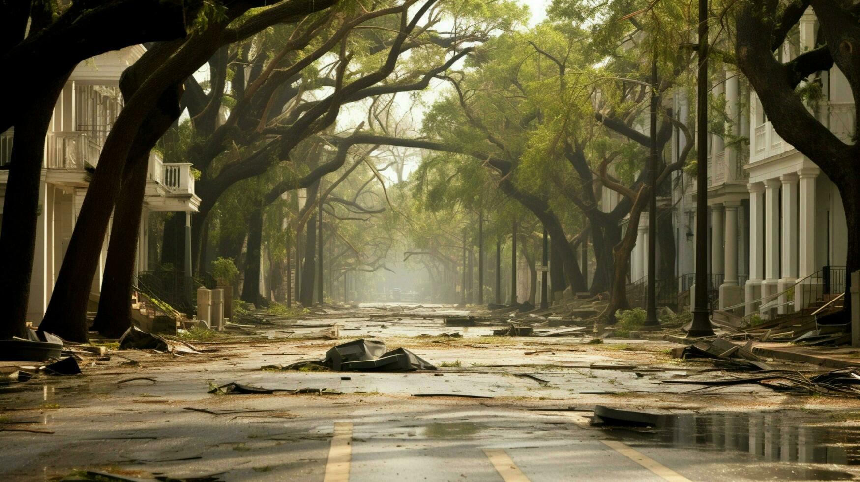 esvaziar e devastado rua com queda árvore foto