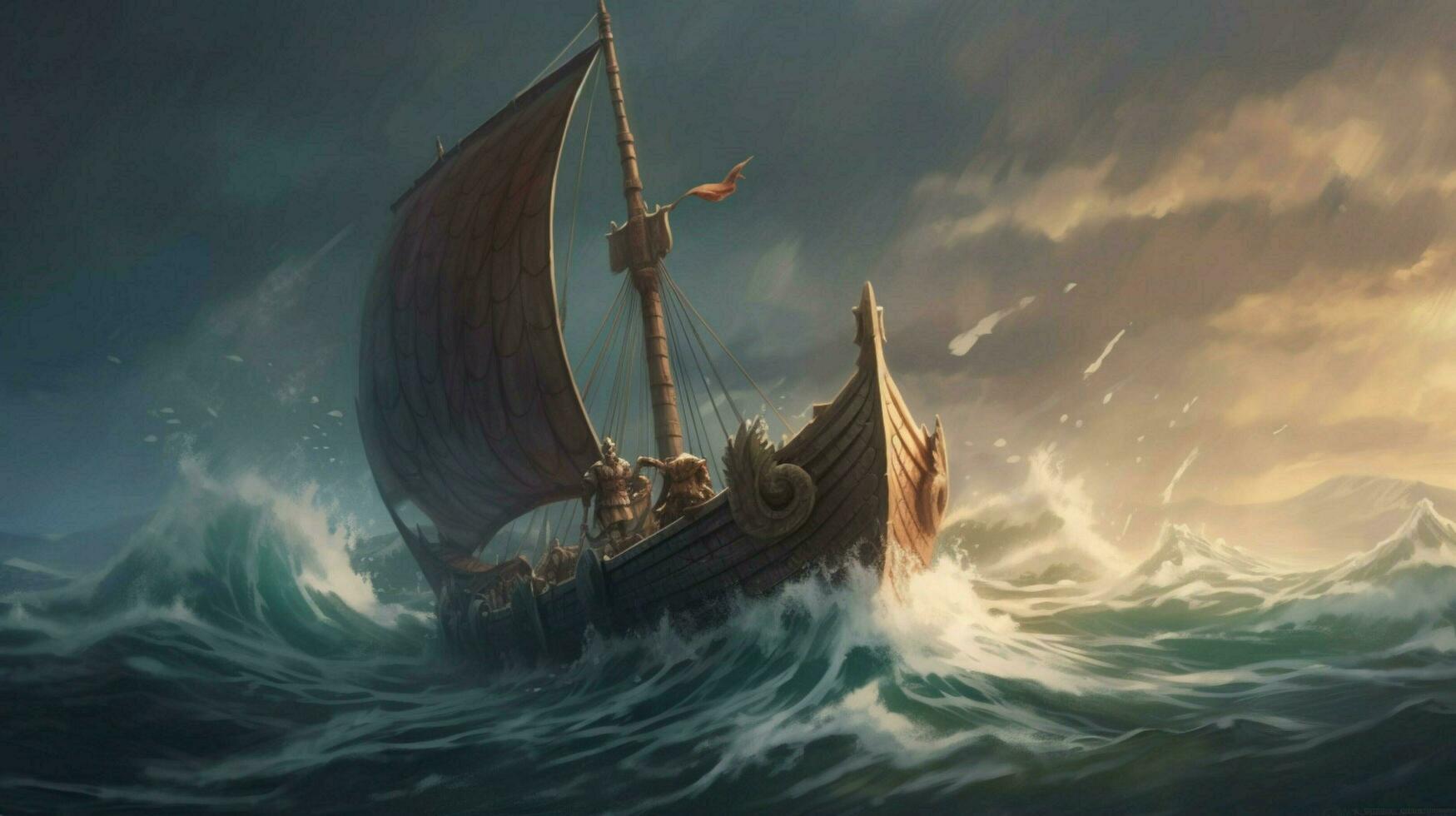 majestoso viking navio Navegando em tormentoso mares com foto