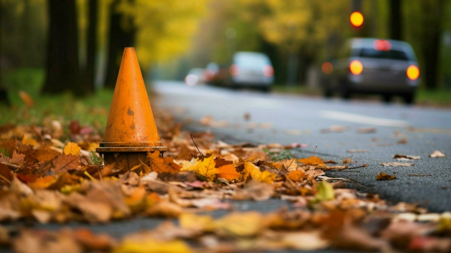 tráfego cone em calçada cercado de folhas foto