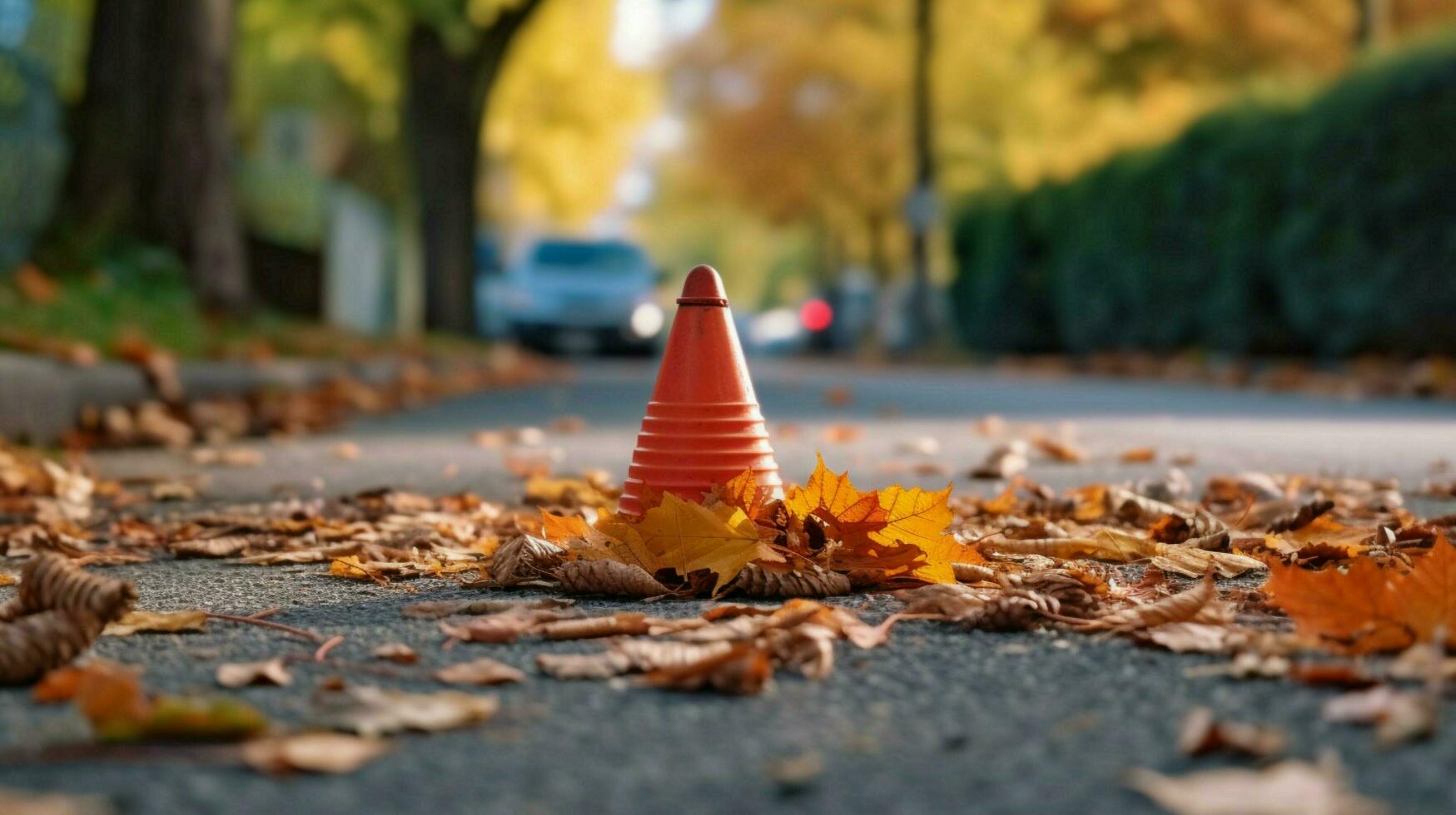 tráfego cone em calçada cercado de folhas foto