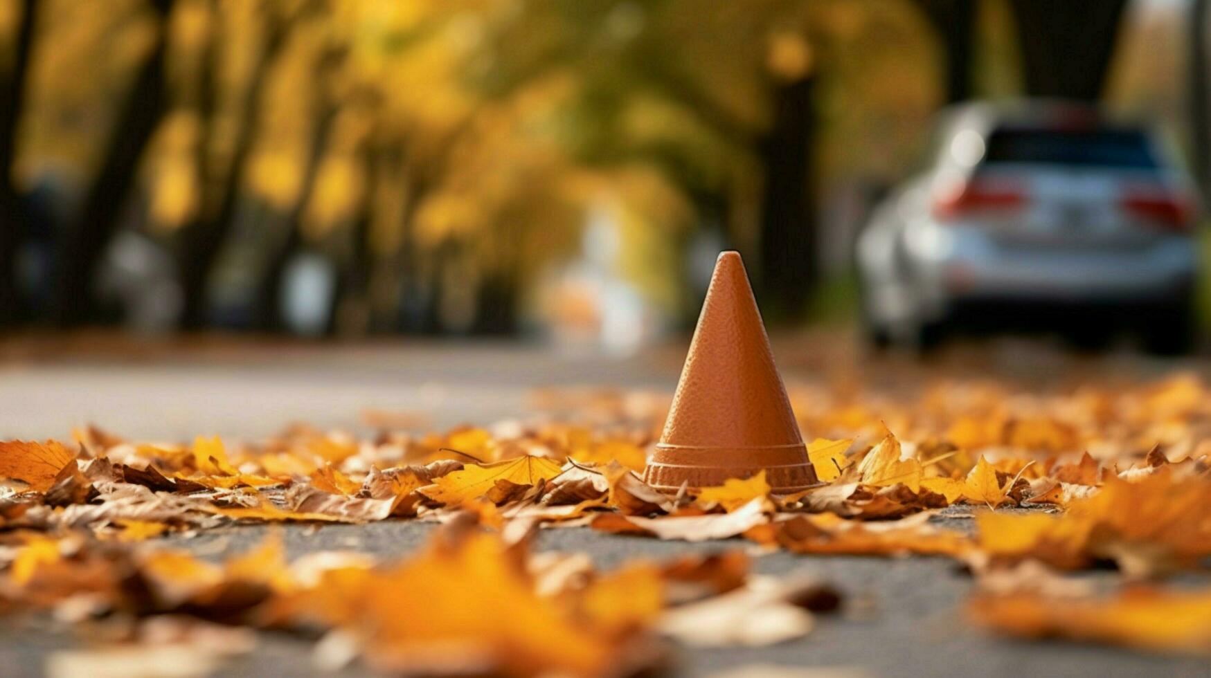 tráfego cone em calçada cercado de folhas foto