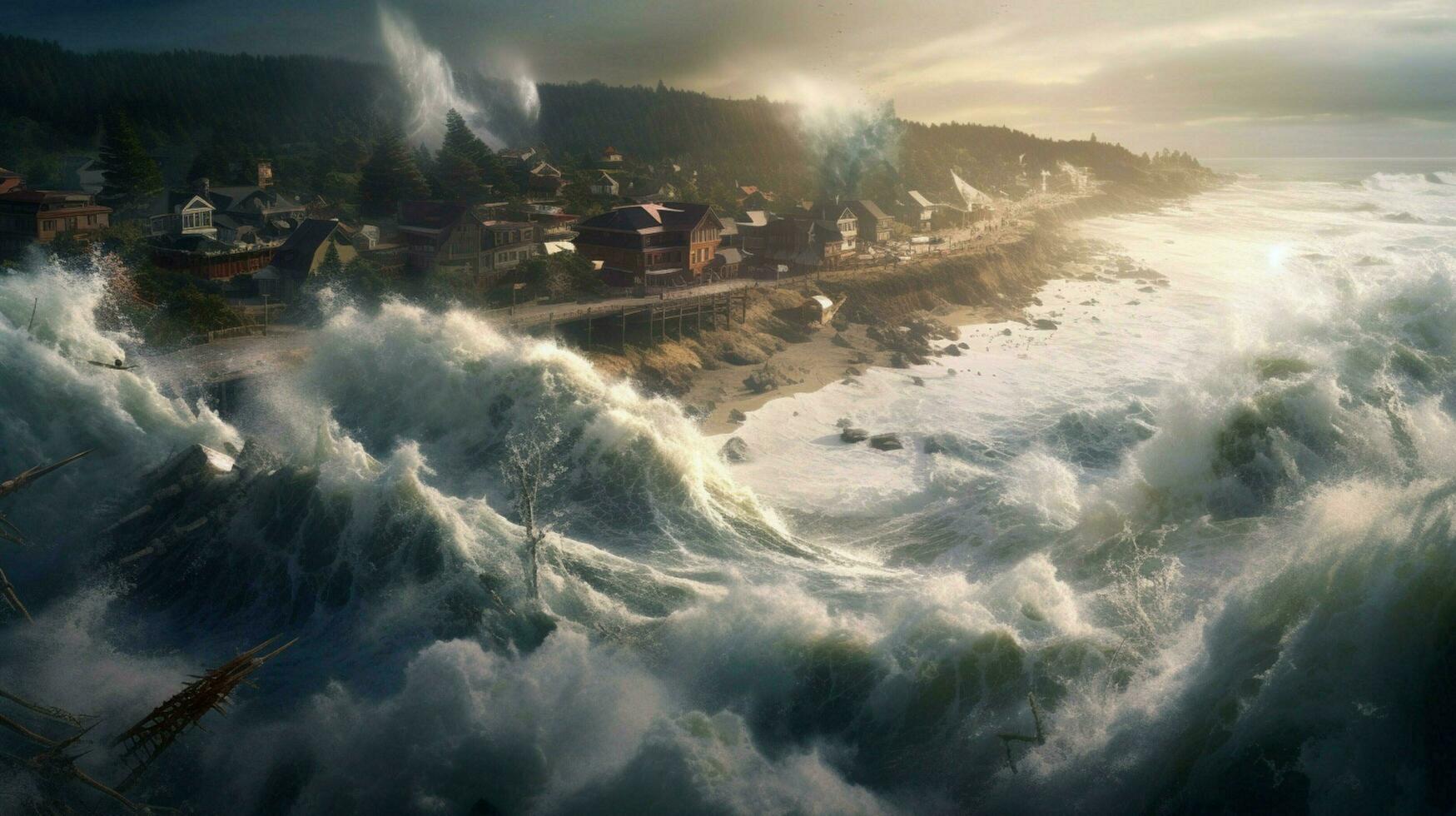 tsunami correndo sobre costeiro panorama enviando foto