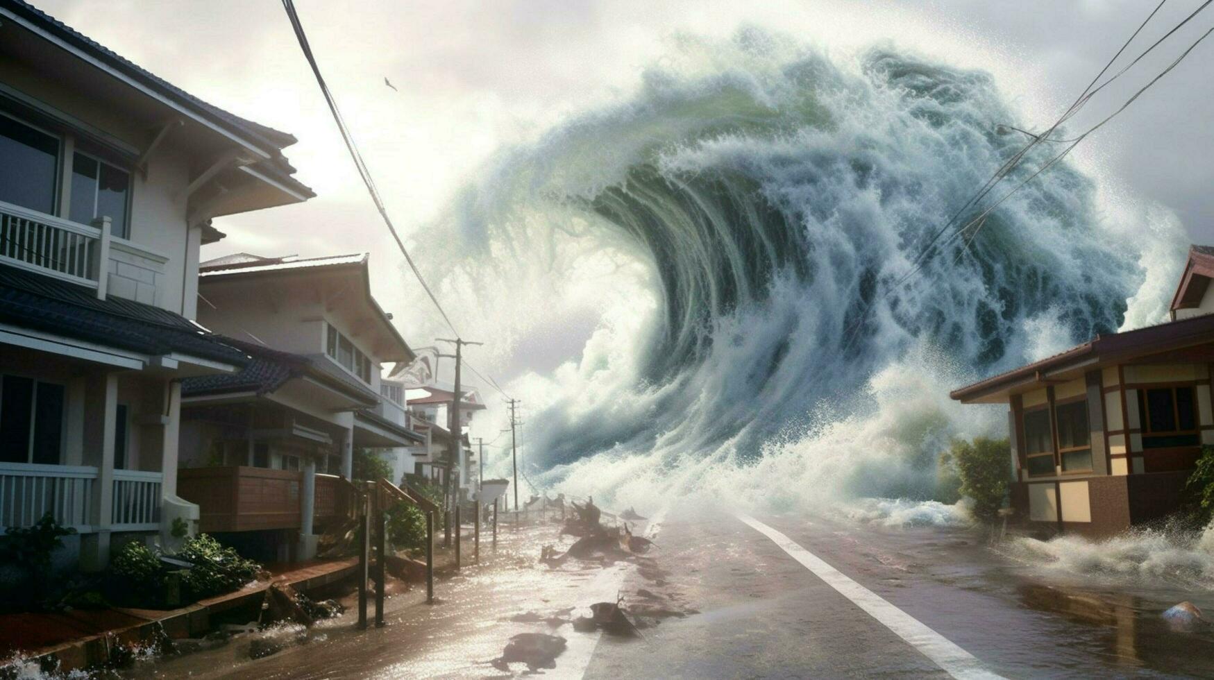 tsunami onda bate para dentro costeiro Vila destruir foto