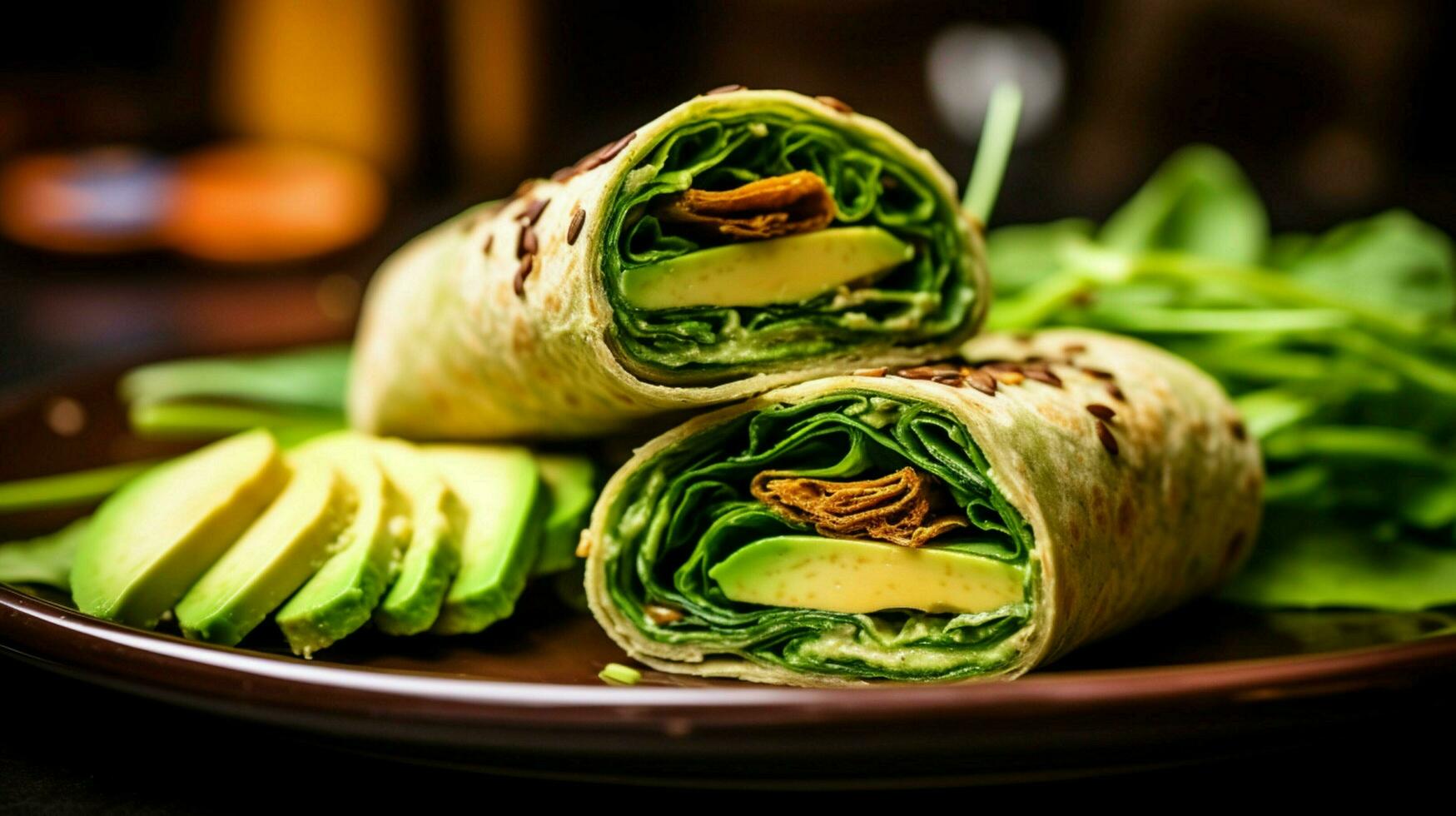 vegano embrulho sanduíche com Húmus verduras e abacate foto