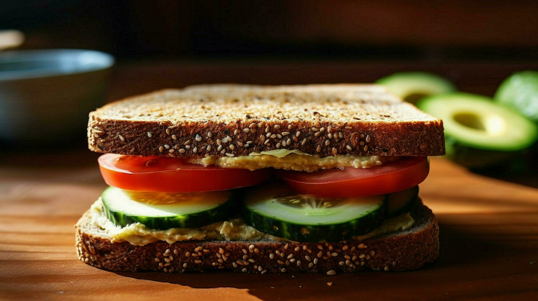 vegetariano sanduíche com Húmus pepino e tomate o foto