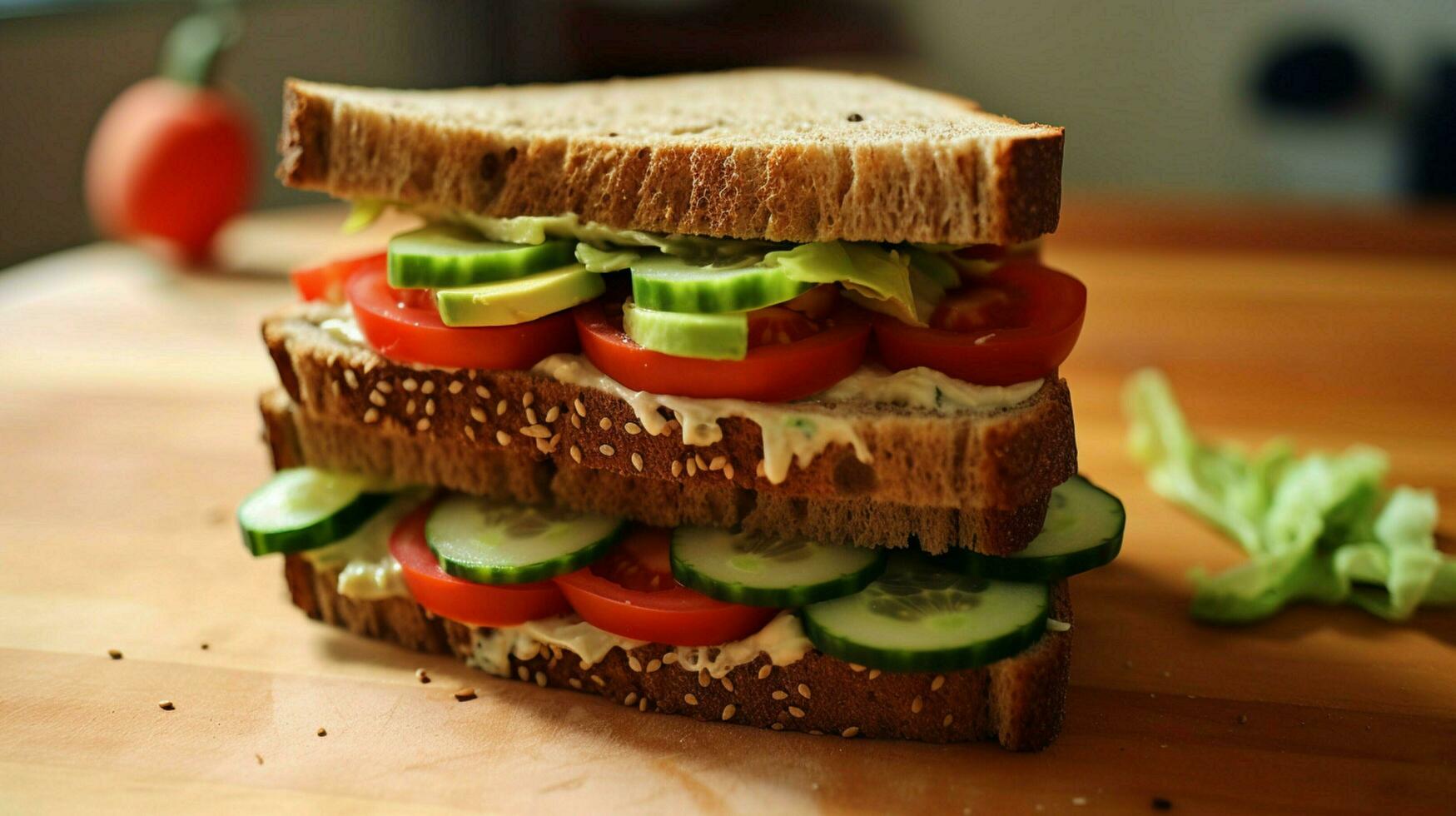 vegetariano sanduíche com Húmus pepino e tomate o foto