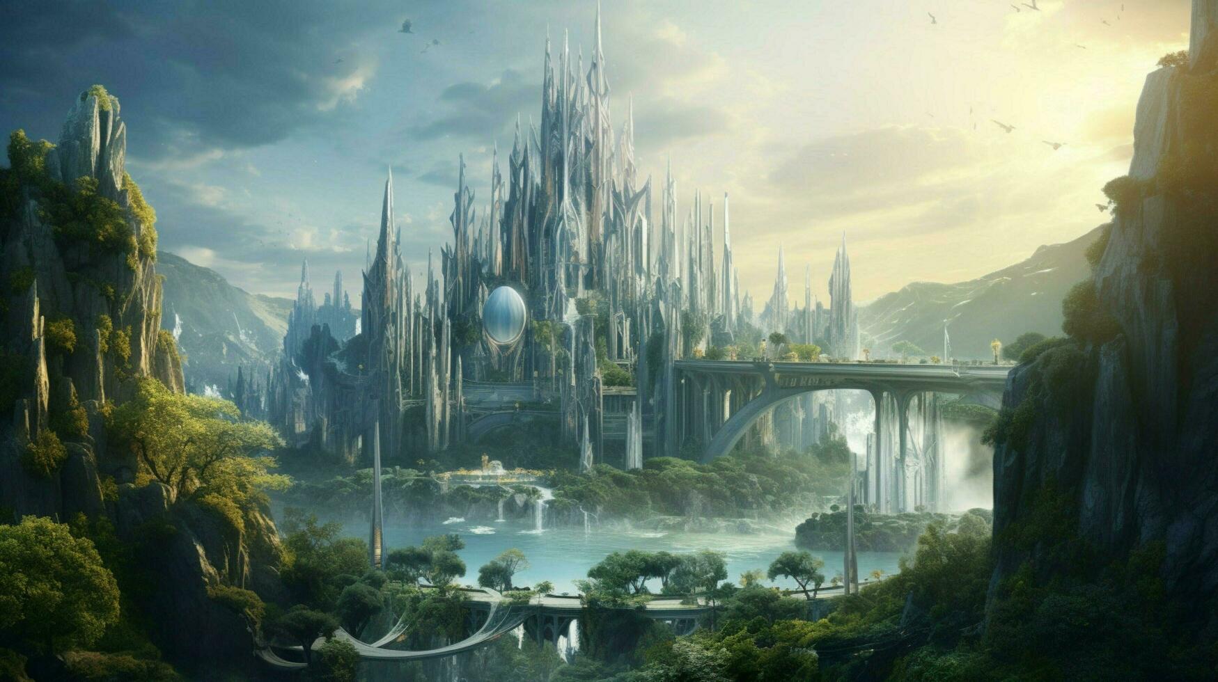 uma futurista elfo castelo dentro uma mágico floresta foto