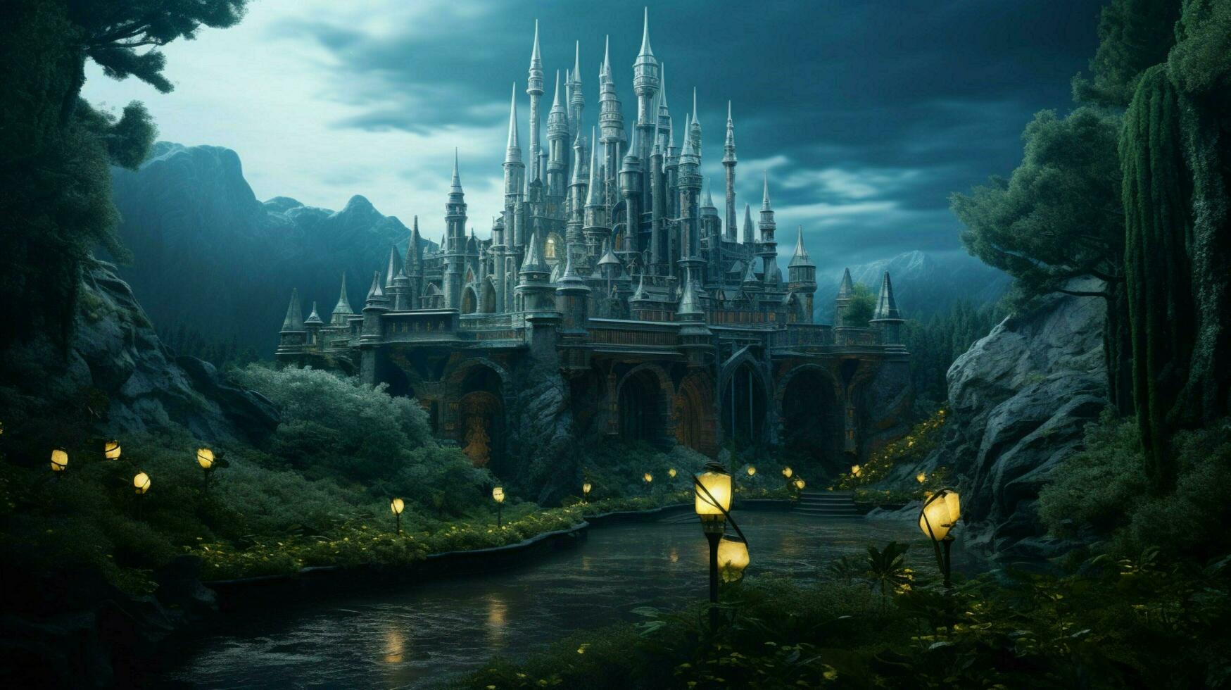 uma futurista elfo castelo dentro uma mágico floresta foto