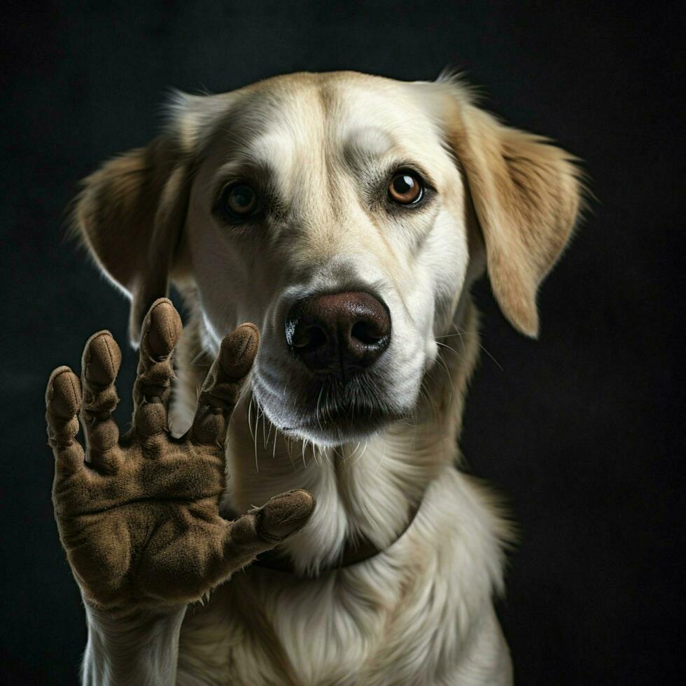 uma amigáveis cachorro oferta uma pata para uma aperto de mão foto