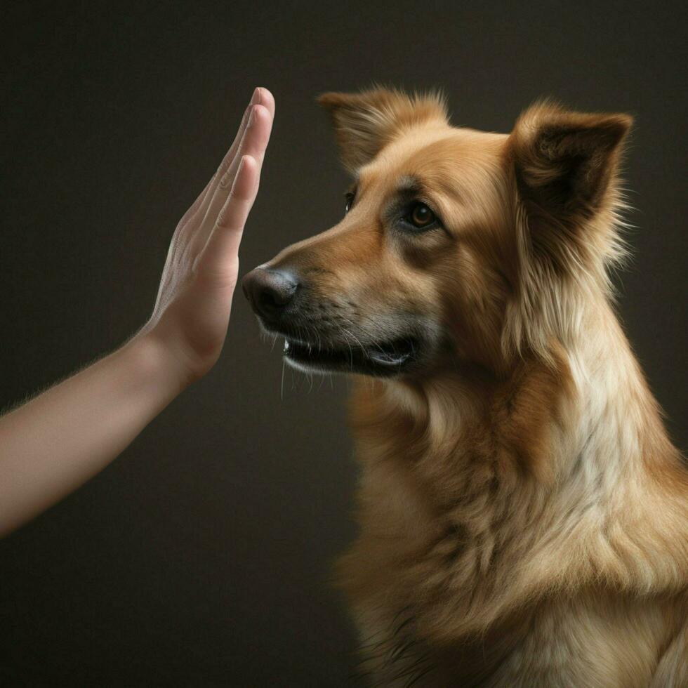 uma amigáveis cachorro oferta uma pata para uma aperto de mão foto