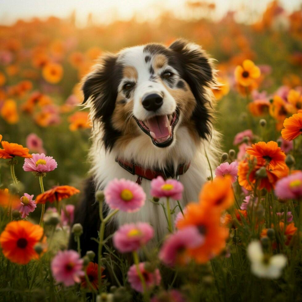 uma feliz cachorro aquecendo dentro uma campo do flores foto