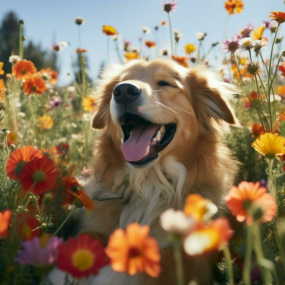 uma feliz cachorro aquecendo dentro uma campo do flores foto