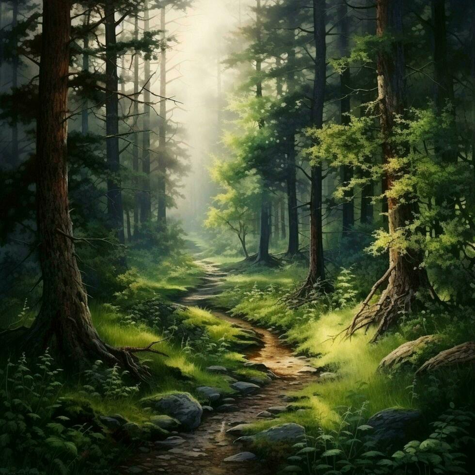 uma sereno caminho conduzindo através uma pacífico floresta foto