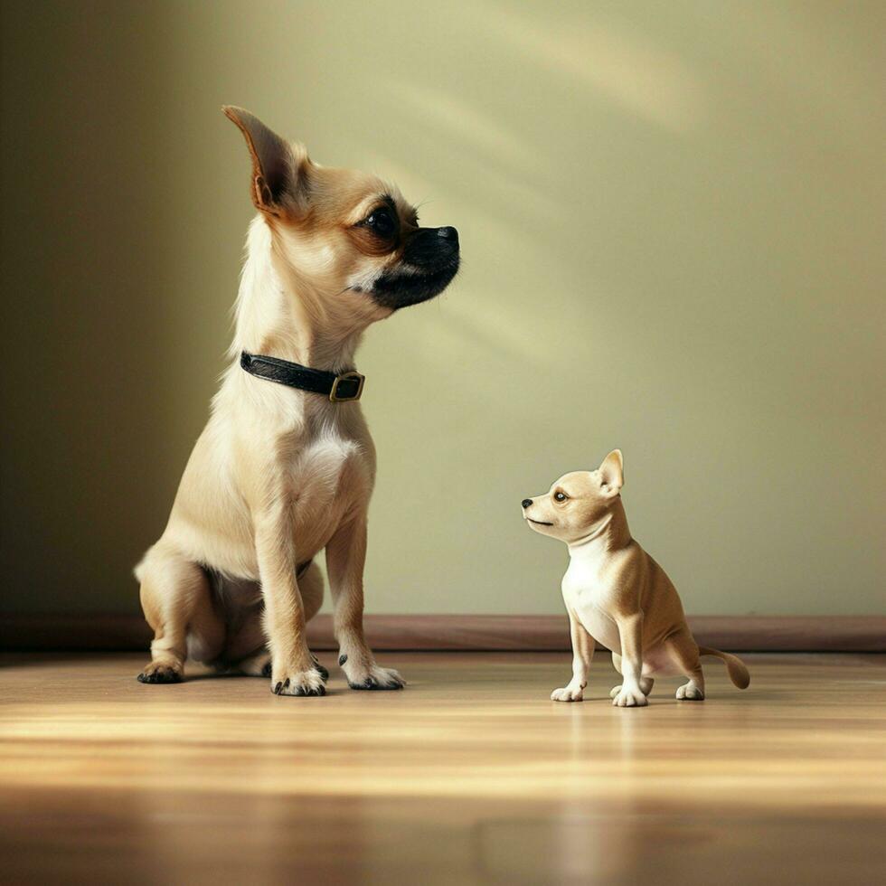 uma minúsculo cachorro bravamente em pé acima para uma maior inimigo foto