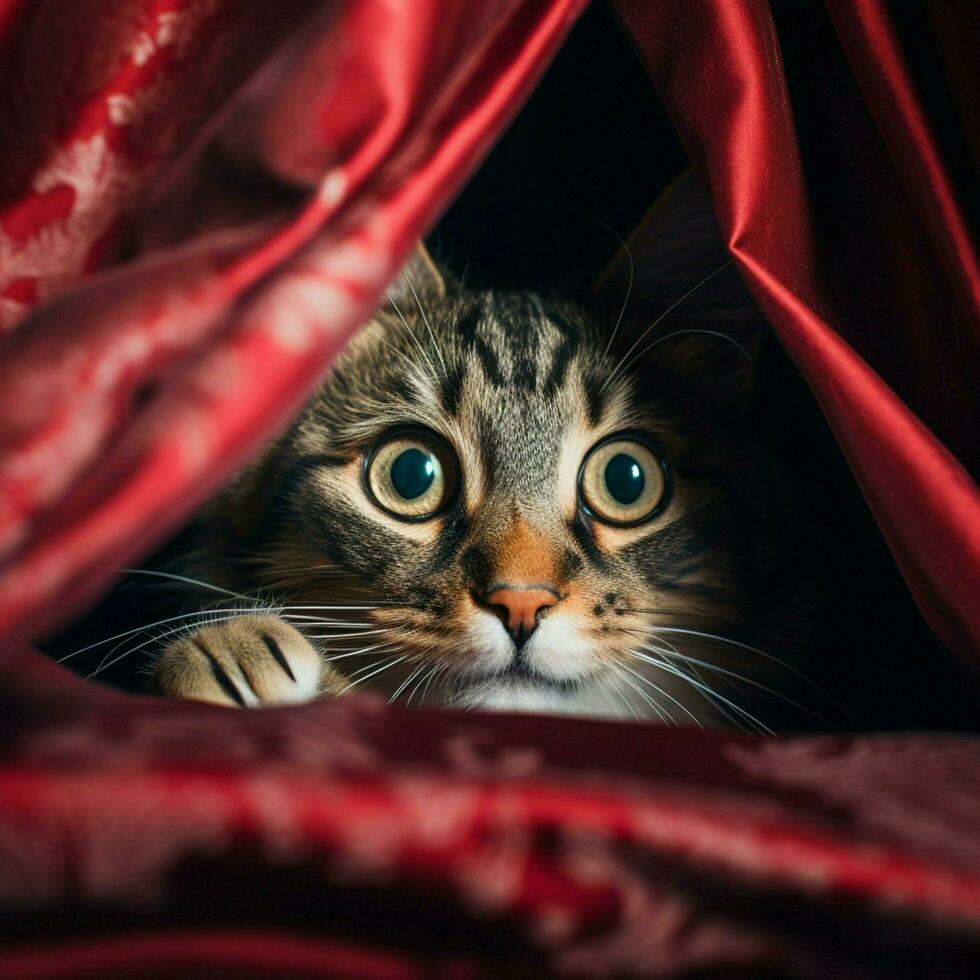 curioso gato espreitar Fora a partir de atrás uma cortina foto