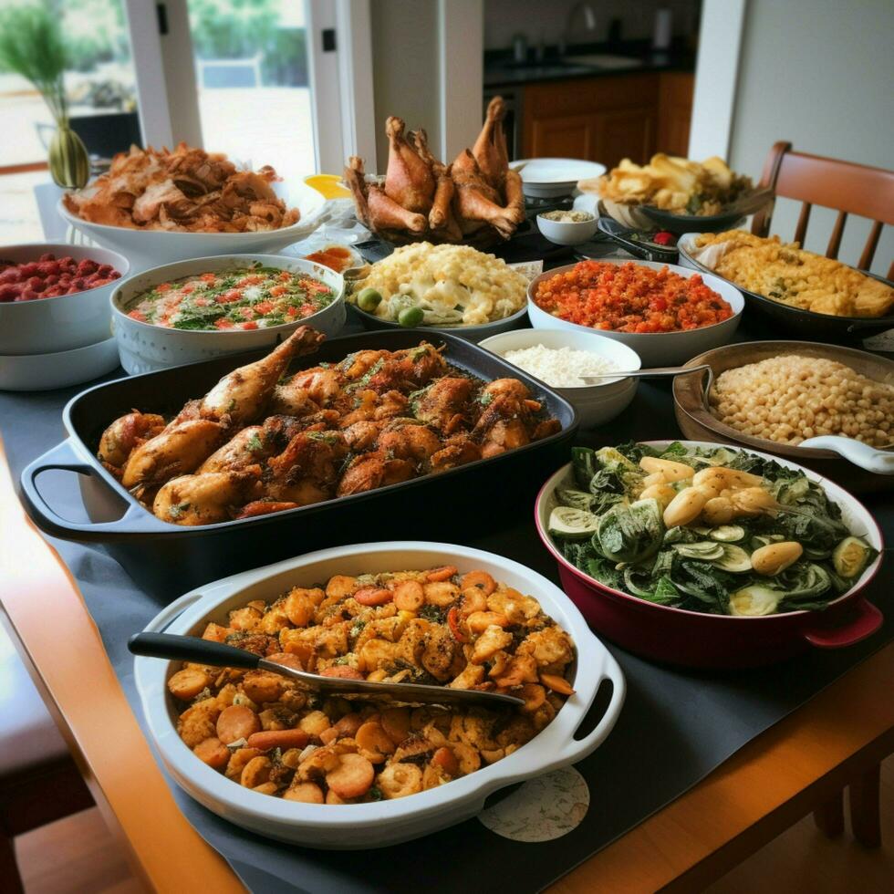 uma comunidade potluck com uma variedade do pratos foto