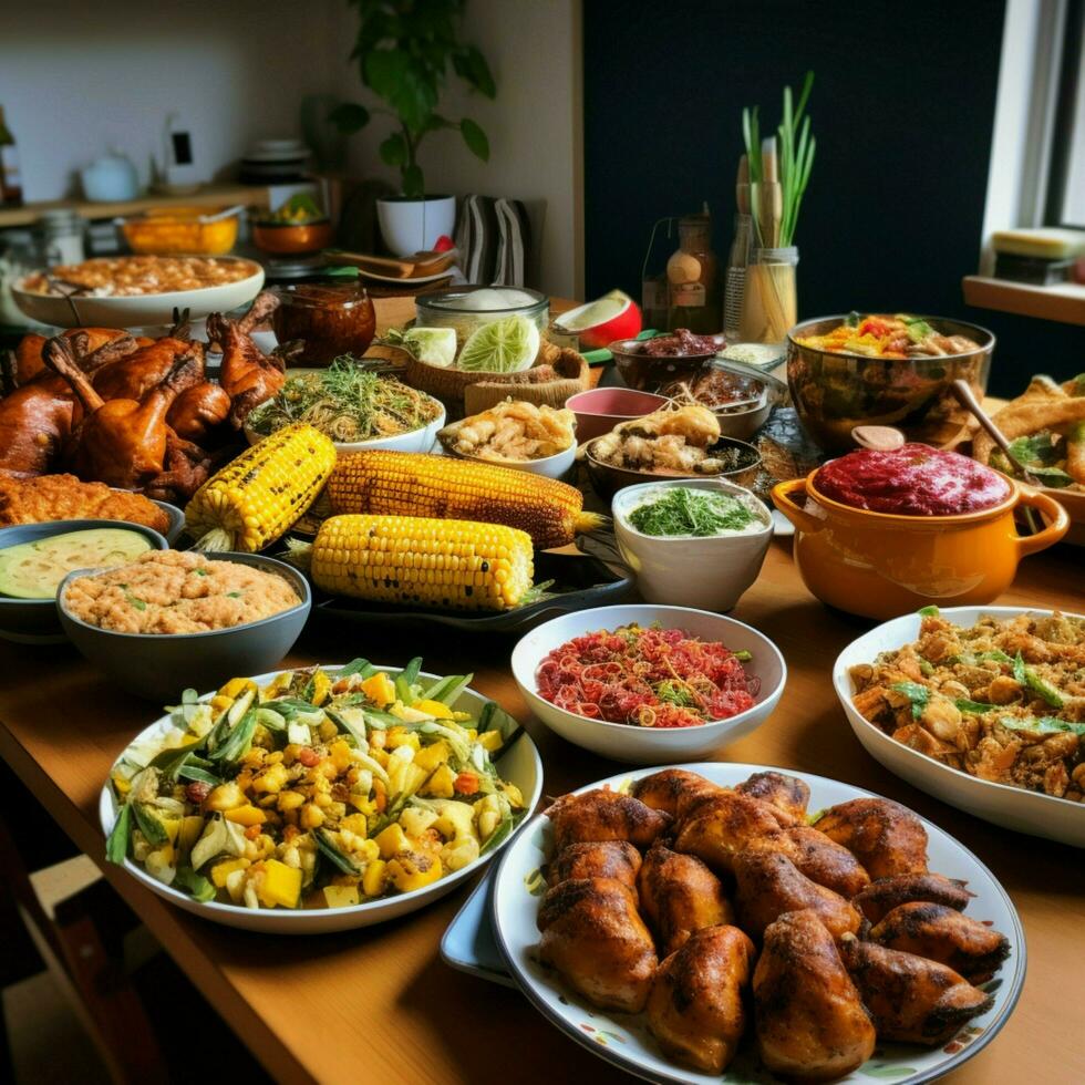 uma comunidade potluck com uma variedade do pratos foto