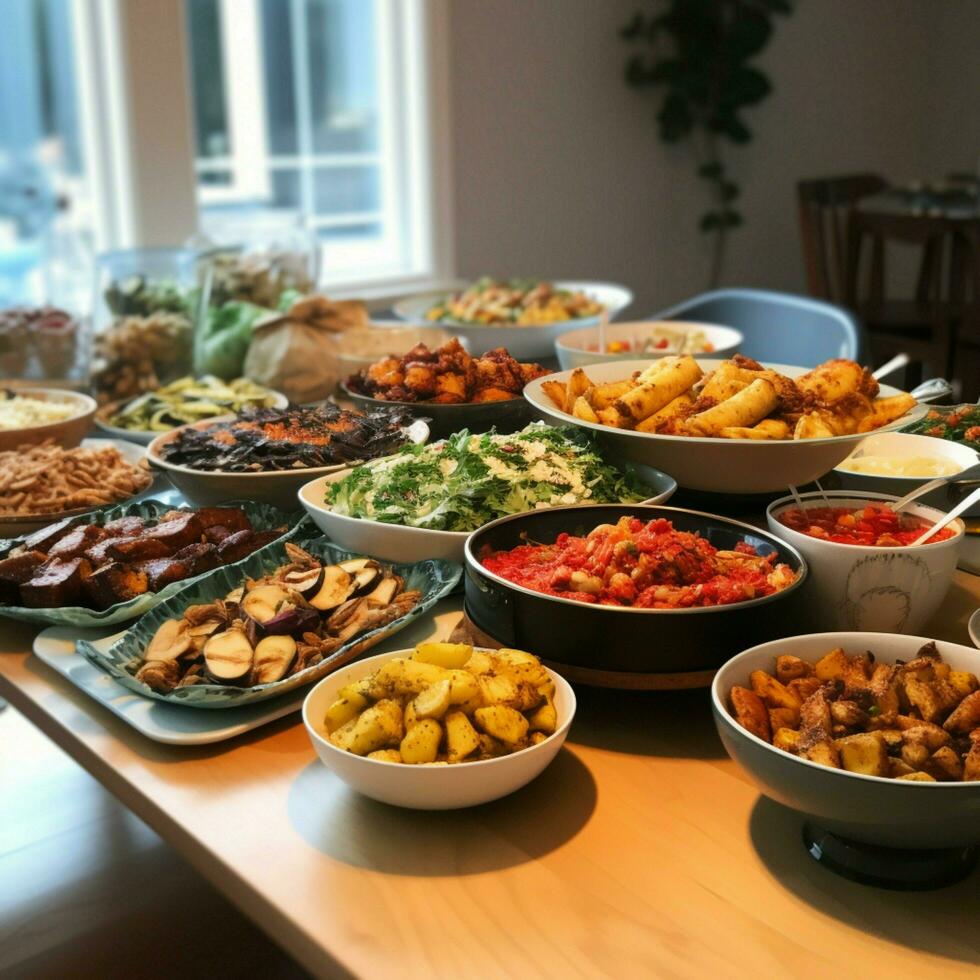 uma comunidade potluck com uma variedade do pratos foto