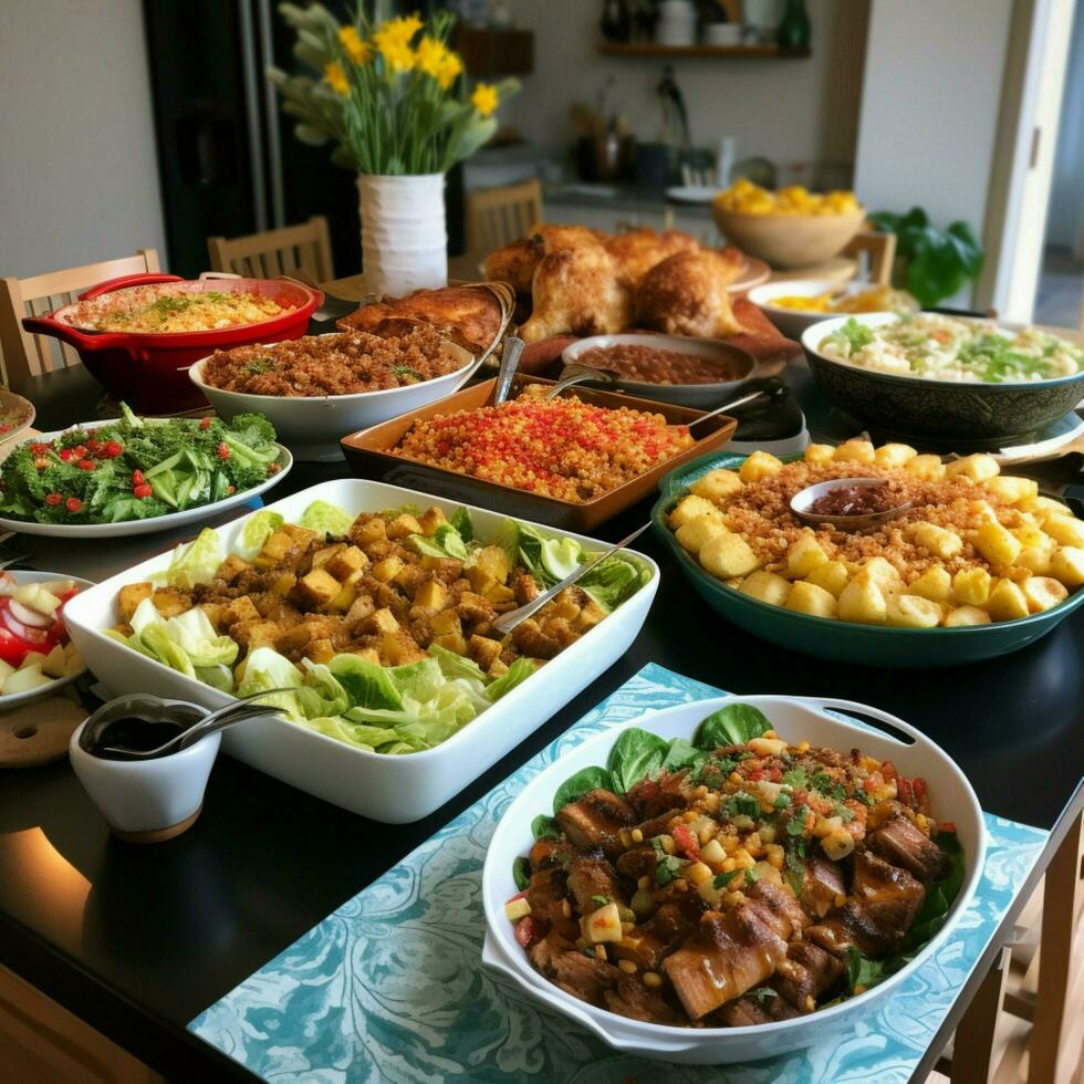 uma comunidade potluck com uma variedade do pratos foto