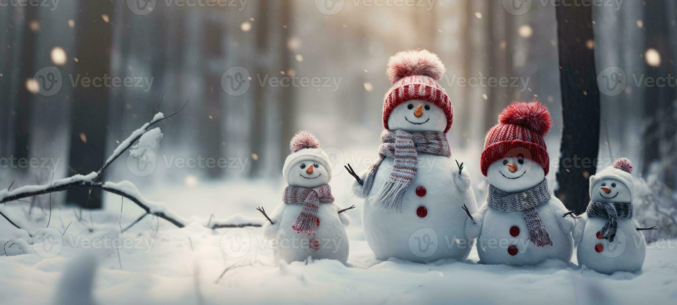 família boneco de neve com cachecol dentro neve floresta cumprimento cartão natal Natal foto