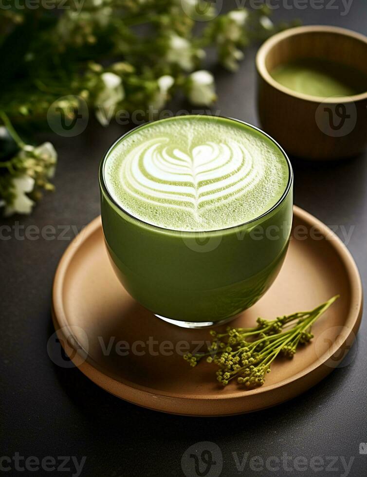 foto do alguns matcha café com leite beber elegantemente banhado em uma mesa. generativo ai