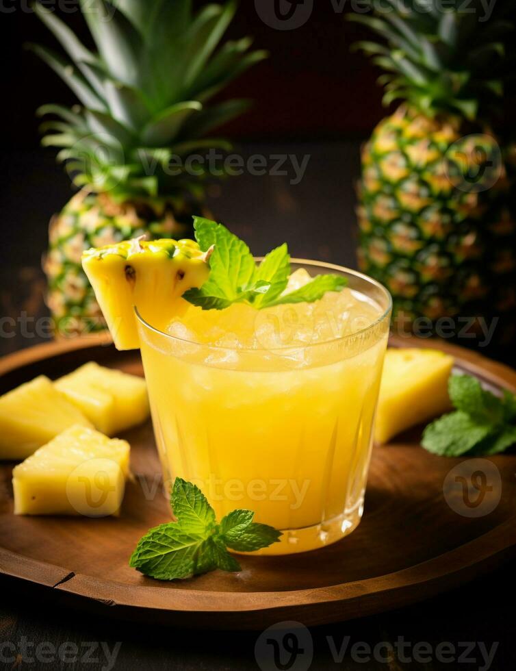 foto do alguns abacaxi soco beber elegantemente banhado em uma mesa. generativo ai
