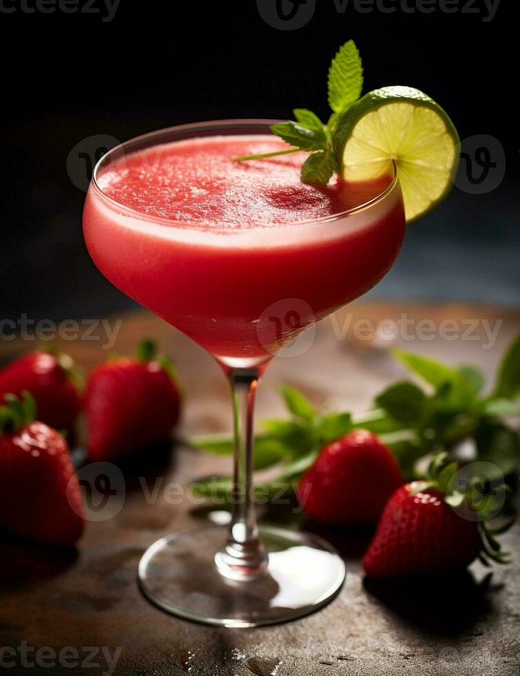 foto do alguns morango daiquiri beber elegantemente banhado em uma mesa. generativo ai