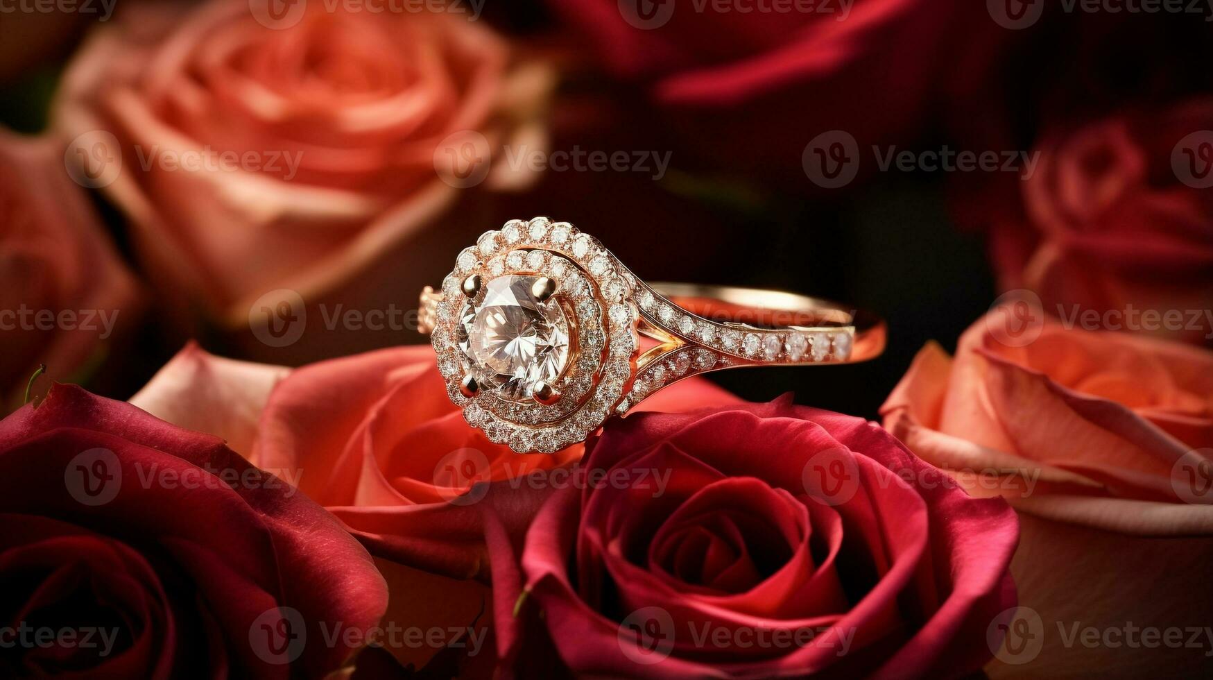 fotografia a elegante noivado anel apresentando uma radiante jade aninhado dentro uma cama do rosas. generativo ai foto