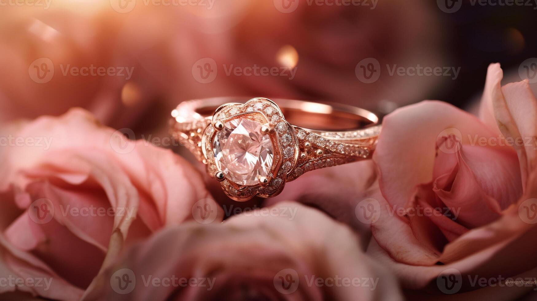 fotografia a elegante noivado anel apresentando uma radiante morganita aninhado dentro uma cama do rosas. generativo ai foto